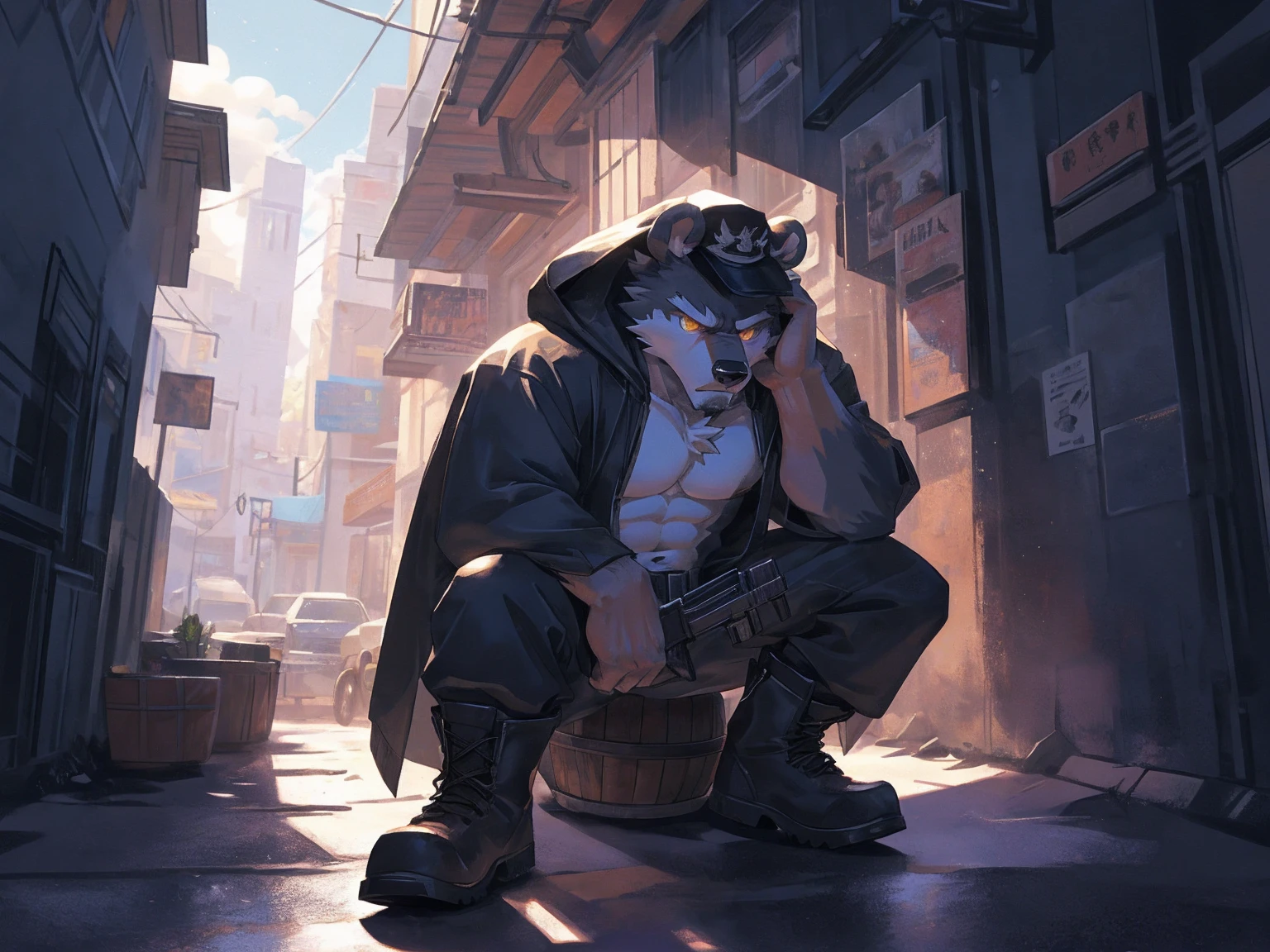 (masterpiece:1.2), best quality,pixiv,official art,perfect anatomy, (Ray tracing, light),solo, (1_male:1.3) , (muscle), (grey fur:1.4), (muscle bear), (beard:1.2), (gleaming golden eyes), bear tail, Thick black eyebrows, (open hooded parka) , (naked inside:1.2), cargo pants, (boots:1.2), (in the highfloor apartment: 1.3), iElusive Drug Lord, Chapo Guzman, Clad in Hoodie and Marlboro Hat, Wielding an Assault Rifle, Sitting atop a Saddle-Mounted Horse, Anime-inspired Render, Realistic Detailing, Expressive Eyes, Rough Textures, Shadowy Composition, Subdued Color Palette, (Outdoor Setting: 1.0), Smoke Curling from Weapon Barrel, (Dark Background: 0.9), Dramatic Lighting, (Chronically Wanted Criminal: 1.4), (Gritty and Intense: 1.1), (Determined)