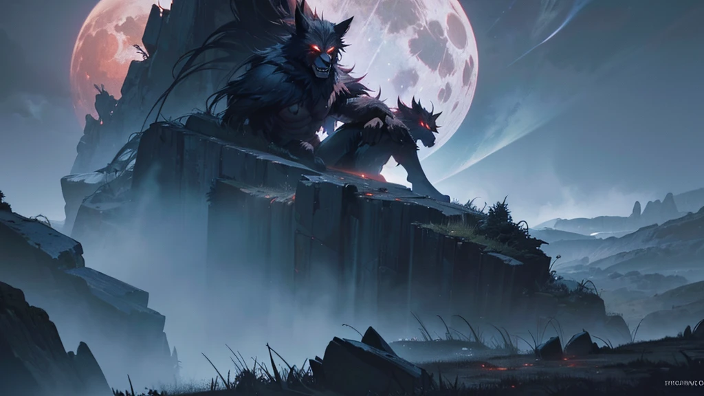 a male werewolf on a cliff under a full moon, looking into the distance with a dark atmosphere, red glowing eyes, howling, (best quality,4k,8k,highres,masterpiece:1.2),ultra-detailed,(realistic,photorealistic,photo-realistic:1.37),detailed facial features,muscular build,torn clothes,dramatic lighting,moody colors,cinematic composition