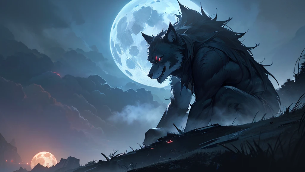 a male werewolf on a cliff under a full moon, looking into the distance with a dark atmosphere, red glowing eyes, howling, (best quality,4k,8k,highres,masterpiece:1.2),ultra-detailed,(realistic,photorealistic,photo-realistic:1.37),detailed facial features,muscular build,torn clothes,dramatic lighting,moody colors,cinematic composition