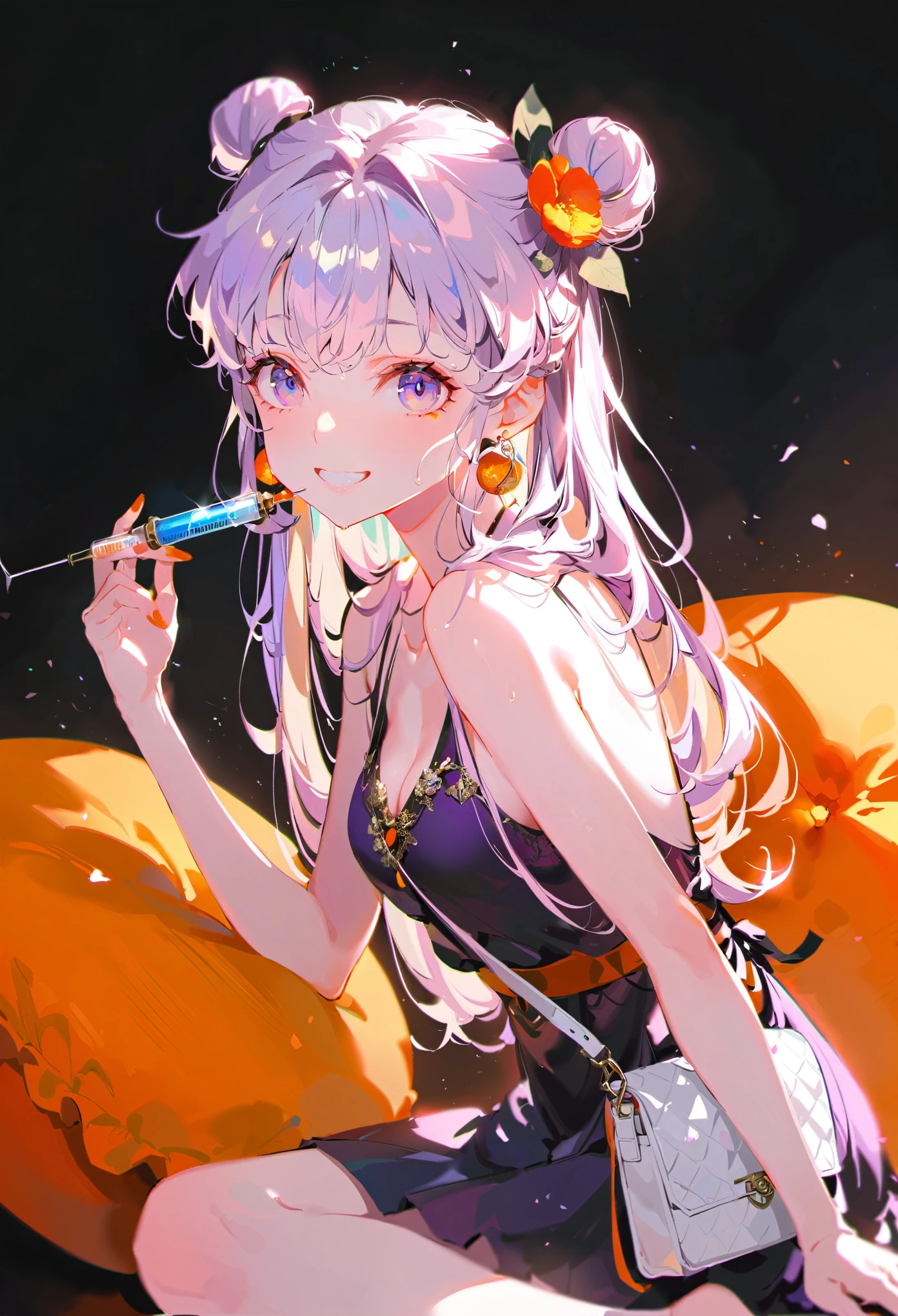 Purple hair girl painting、Glass mandarin orange earrings decorate both ears、Eye color: Ocean pink purple、Space Eyes、Poolside、(((Giant orange shaped cushion)))、((Hugging on a cushion))、Sit down, long hair、Bun Hair、Cool and complicated, Hand holding sliced orange, A very happy expression with plenty of orange juice、((The syringe contains orange juice))、Very embarrassed、The best smile、Open your mouth wide、Grin、目はclose、((Purple and black dress))、((Syringe Shoulder Bag)), Fun and lively characters, close( Perfect ??????? )、Beautiful, translucent white skin、A purple dress slightly damp with sweat、Underwear is visible、quality\(8K,非常に精細なCGユニットのwallpaper, masterpiece,High resolution,top-quality,top-quality real texture skin,Super two-dimensional,Increase the resolution,RAW Photos,最高quality,Very detailed,wallpaper,Ray-tracing,Golden Ratio\),[Browsing Caution]、White and orange theme、Everything is orange except for the outfit, hairstyle, and eye color.、barefoot