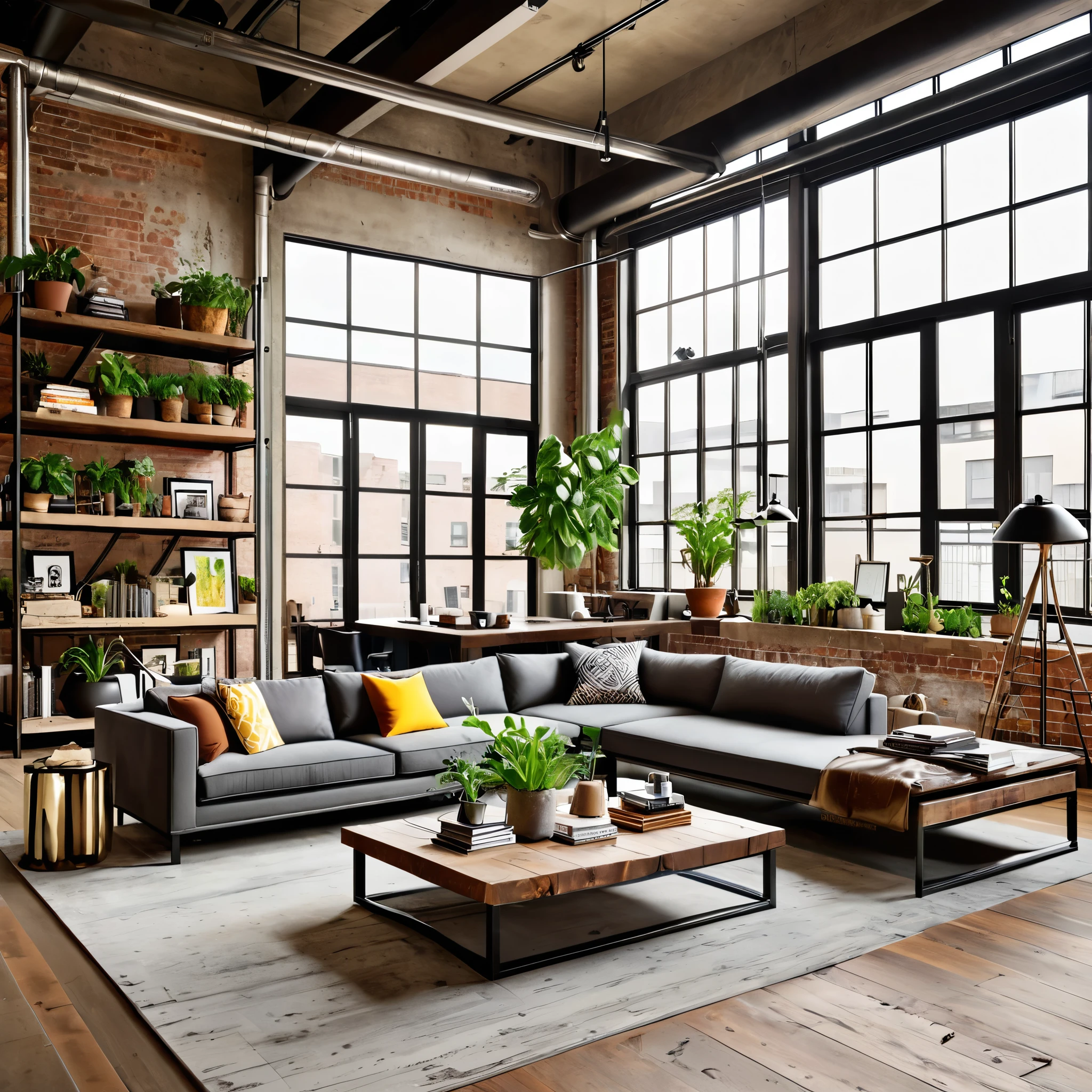 Design an inviting and eclectic industrial loft that combines modern comfort with rustic charm. The open-plan space features expansive windows for natural light, exposed ductwork, and a mix of raw and polished materials. The living area includes a comfortable gray sofa, a minimalist coffee table, and a workspace with a desk and laptop. Decorate the space with an array of indoor plants, both large and small, to add greenery and freshness. The decor should include eclectic elements such as framed art, unique lighting fixtures, and various decorative objects that reflect a personal and artistic touch. Use a combination of concrete and wood for the flooring to balance the industrial and cozy feel.