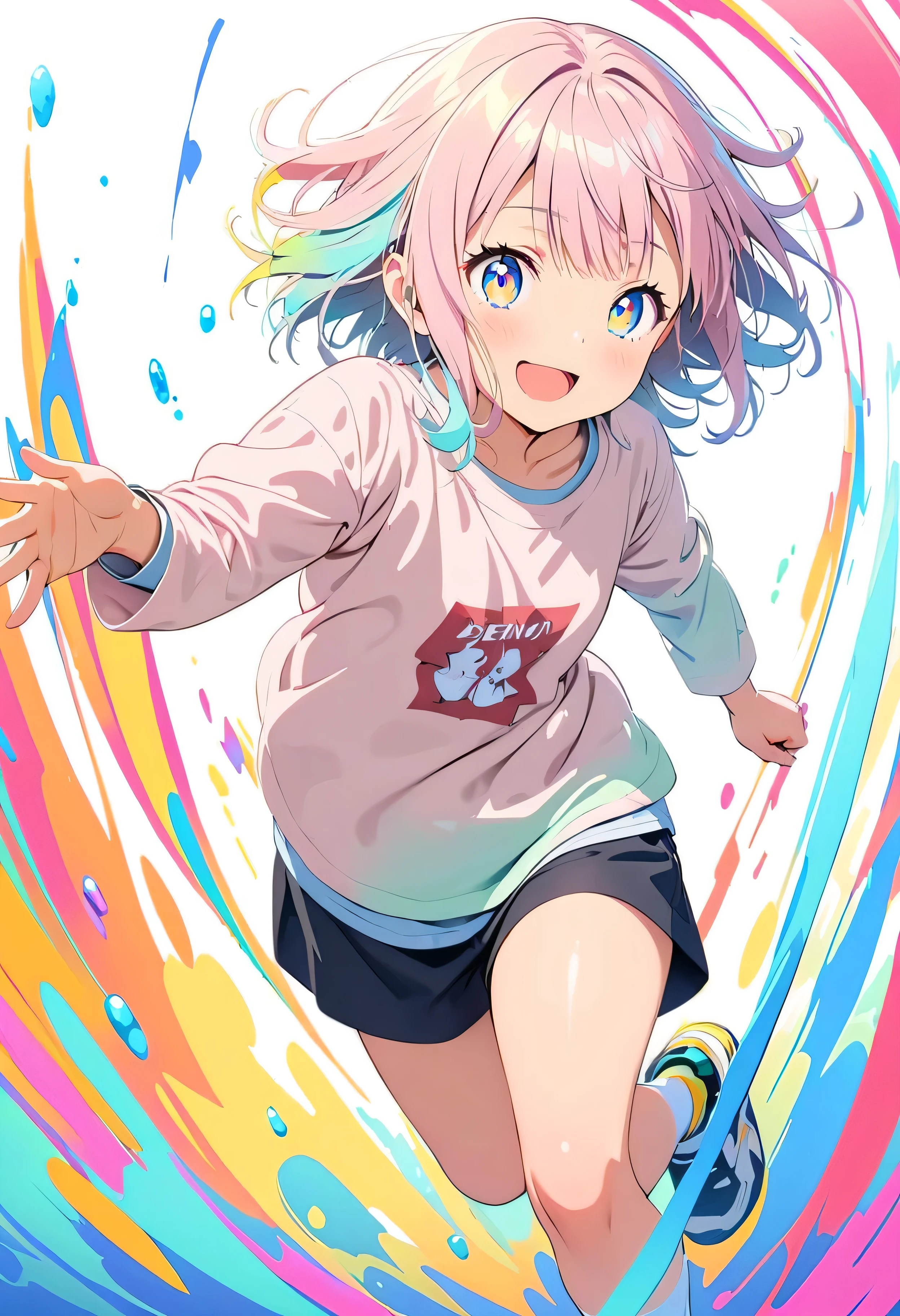 (masterpiece, Highest quality, Official Art:1.2), (colorful), Perfect Anatomy, Looking at the audience, One Girl, alone, White Background, floating colorful water, Ultra-fine illustrations, highly detailed, Dynamic Angle, beautiful detailed, 8K, break smiling amidst the colorful scenes, (Highest quality, masterpiece, High resolution, detailed), Anime Style, (Shining Eyes, detailed美しい顔), break,Dynamic Angle, Whole body shot, pastel colour, Vector illustration, 10 years old