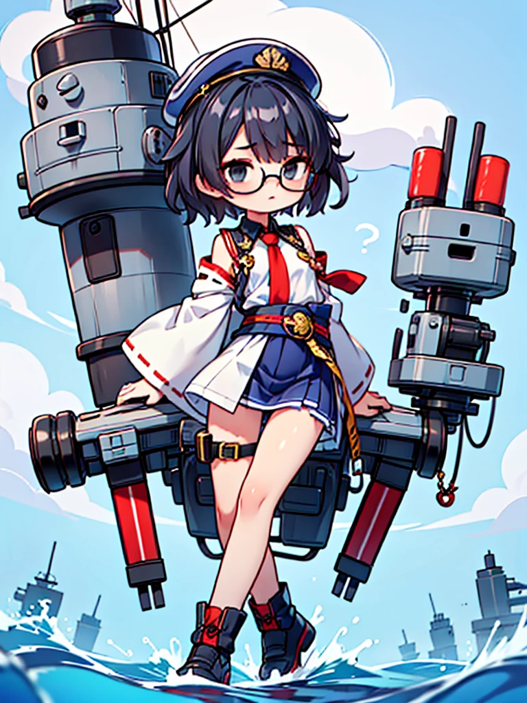 ((((Full body of a woman with perfect flat chest、solo、Short unkempt black hair、Tie your messy hair at the nape of your neck、white military jacket、Miko costume、tights、Black glasses、White military cap、Cloudy black eyes、Sleepy expression、Falcon Hair Accessories、Eagle hair accessory)))), (((masterpiece))), (((Shipgirl))), ((Floating on the morning sea with both feet)), (Spread your legs wide open), (Hold the turret with your right hand), (Mechanical arms extending from the waist are used to equip the ship with battleship equipment.), (Equipped with a turret on the back), (Holds the turret with his left arm), Shotgun shells are attached to the thigh with a belt, Spreading the Machine's Wings, Machine tail, shotgun,