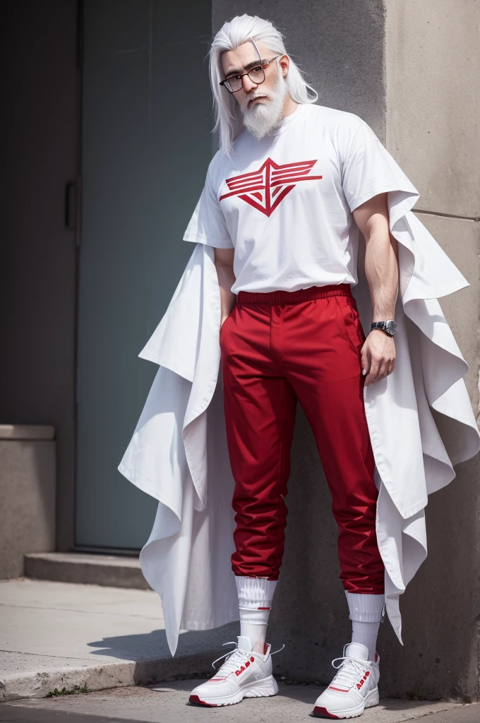 White hair,Beard with glasses,paradox makeup,Team shirt,red angelic pants and white shoes