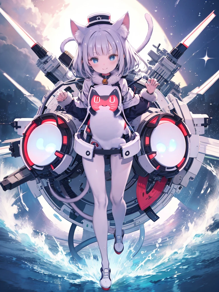 Cat robot、Blue and white body、Red Nose、Cat beard、white and round hands、Large white pocket on chest、Round white legs、Round red tail、Round body、Round face、Round eyes、Big Mouth、smile、