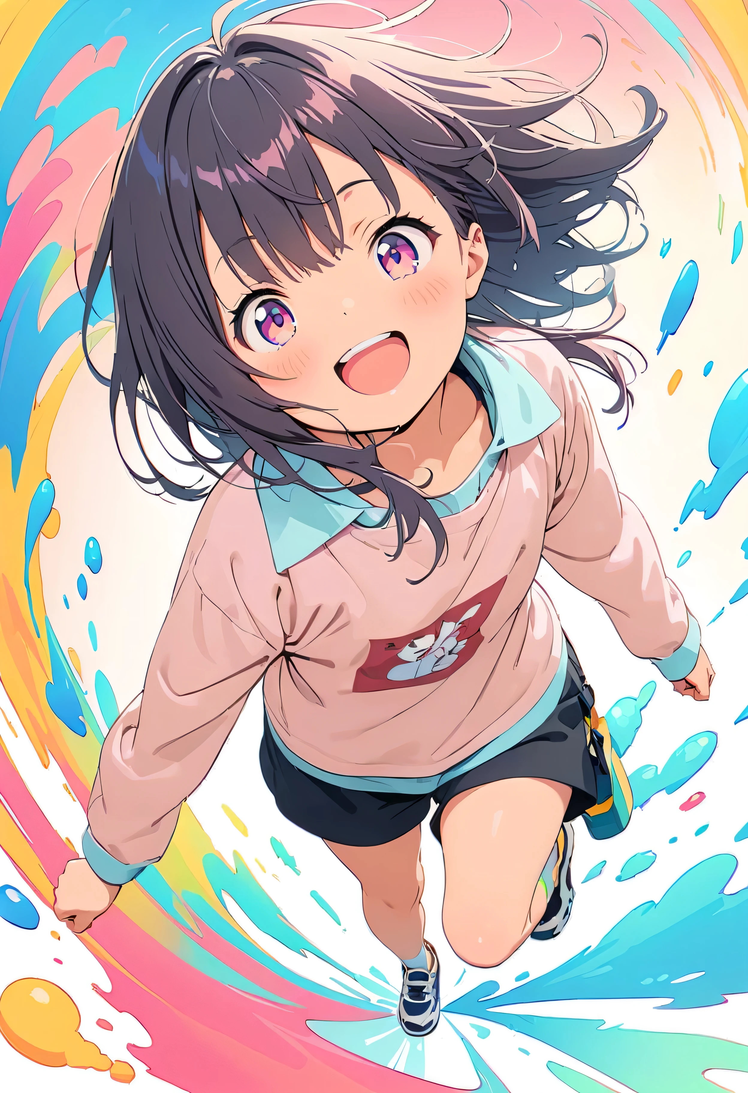 (masterpiece, Highest quality, Official Art:1.2), (colorful), Perfect Anatomy, Looking at the audience, One Girl, alone, White Background, floating colorful water, Ultra-fine illustrations, highly detailed, Dynamic Angle, beautiful detailed, 8K, break smiling amidst the colorful scenes, (Highest quality, masterpiece, High resolution, detailed), Anime Style, (Shining Eyes, detailed美しい顔), break,Dynamic Angle, Whole body shot, pastel colour, Vector illustration, 