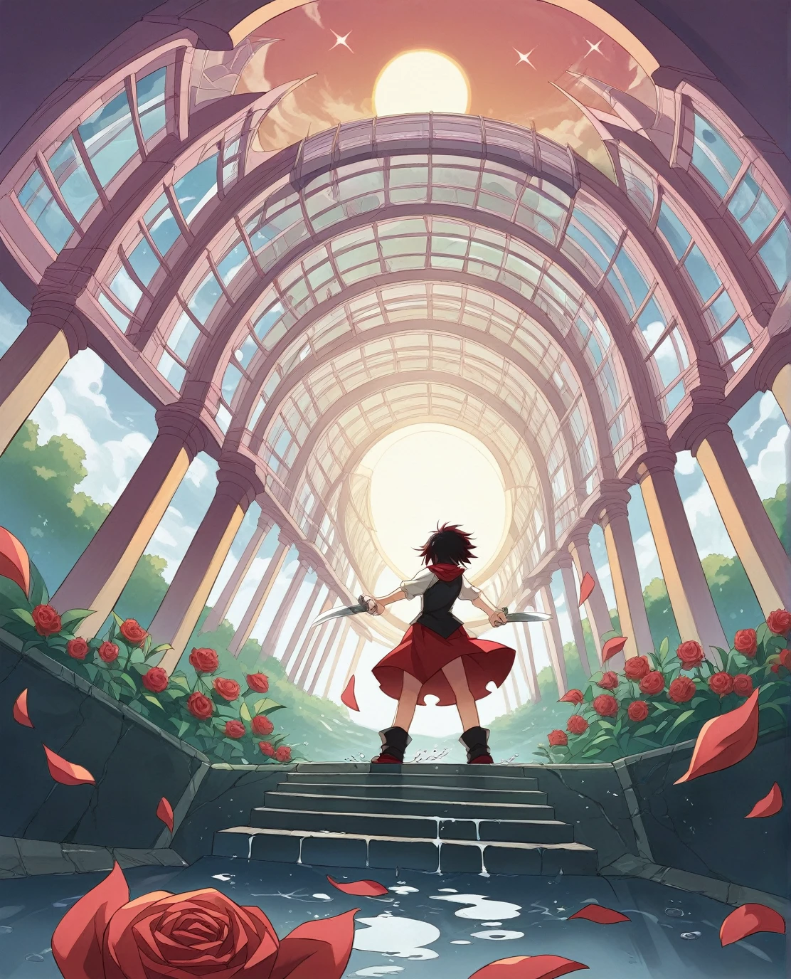 woman\(Ruby Rose,Sickle,boots,Red Costume,Food\),Looking up at the sky, (Many red rose petals are falling), (Transparent bubbles, like those in water, sparkle here and there in the sky.), Beautiful sky, Beautiful Clouds, There is a puddle on the ground、The scenery is beautifully reflected, Looking up at the wide sky from a narrow back alley in a cluttered downtown area, Colorful summer flowers are blooming everywhere., I see the wind blowing and shining, There is a noon moon and a noon star in the sky,From below, break ,quality\(8K,非常に精細なCGユニットのwallpaper, masterpiece,High resolution,top-quality,top-quality real texture skin,Surreal,Increase the resolution,RAW Photos,最高quality,Very detailed,wallpaper,Cinema Lighting,Ray-tracing,Golden Ratio\),Take the long view
