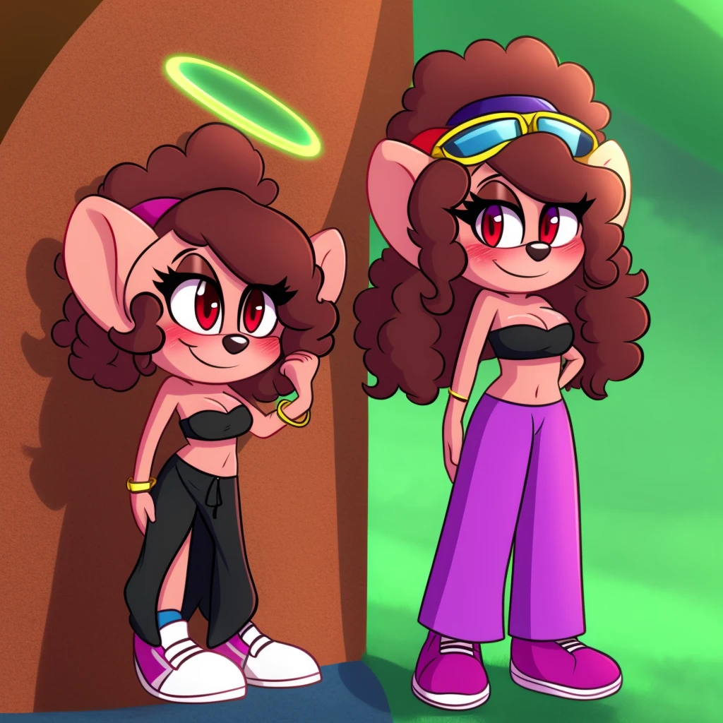 Queen poppy, strapless crop top, baggy pants, high-top sneakers, cleavage, two-tone hair (brown hair, black tip)), curly hair, halo, sunglasses, jewelry, red eyes, longeyelashes, red eyes, smile, shy, blush,