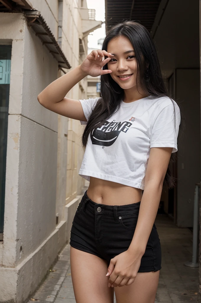 A young Filipino woman with long black hair is doing the "5" hand sign with her left hand, she is facing forward and smiling at the camera. Her hand is showing five fingers with her right palm slightly raised to perfectly show each finger.