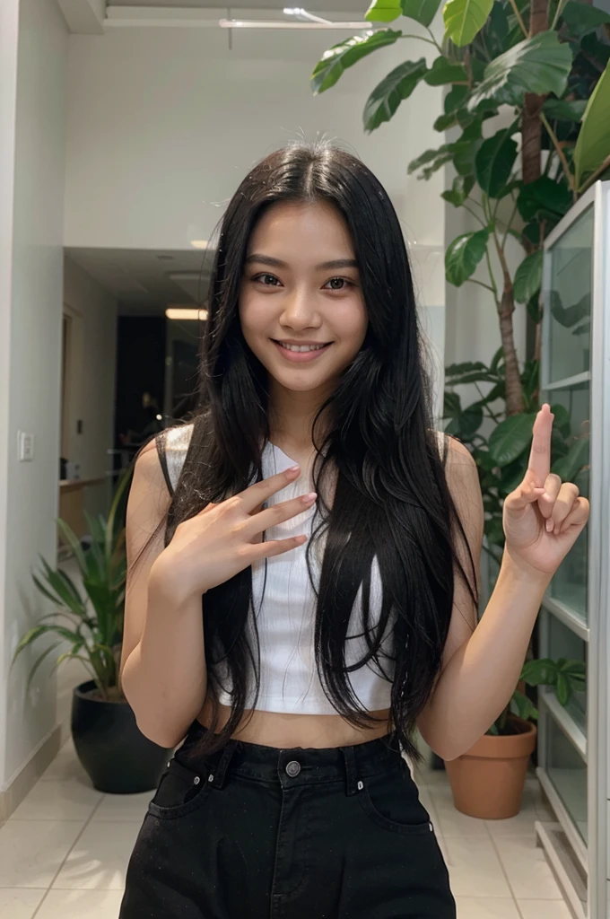 A young Filipino woman with long black hair is doing the "5" hand sign with her left hand, she is facing forward and smiling at the camera. Her hand is showing five fingers with her right palm slightly raised to perfectly show each finger.