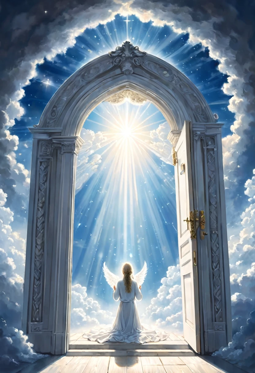 Angels praying in heaven, the sky is surrounded by white light, and the door of memory opens.