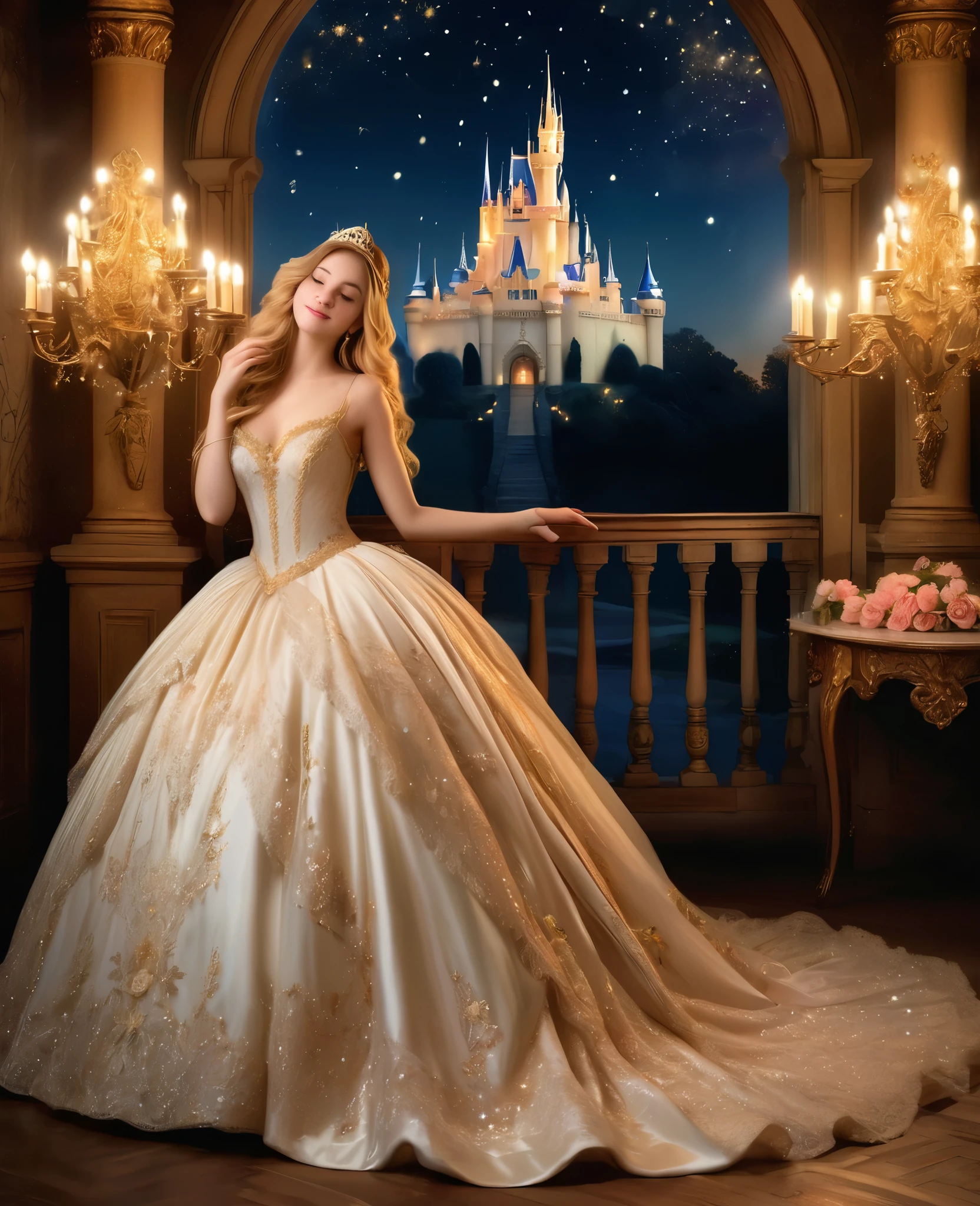 princess, blissful languor, dreamy gaze, beautifully adorned gown, enchanting castle, golden tiara, flowing golden hair, sparkling eyes, starry night sky, soft candlelight, dancing shadows, whispered secrets, romantic atmosphere, gentle breeze, rustling leaves, fragrant roses, intricate tapestries, shimmering moonlight, sparkling stars, mesmerizing enchantment, ethereal beauty, luxurious velvet cushions, delicate lace curtains, silken pillows, majestic chandelier, dimly lit corridors, whispering echoes, antique furniture, splendid ballroom, exquisite ball gown, dancing with grace, inviting smile, enchanted waltz, dashing Prince Charming, heartfelt connection, magical midnight fantasy,pure love, forever after. (best quality,ultra-detailed, realistic), soft pastel colors, warm golden lighting.