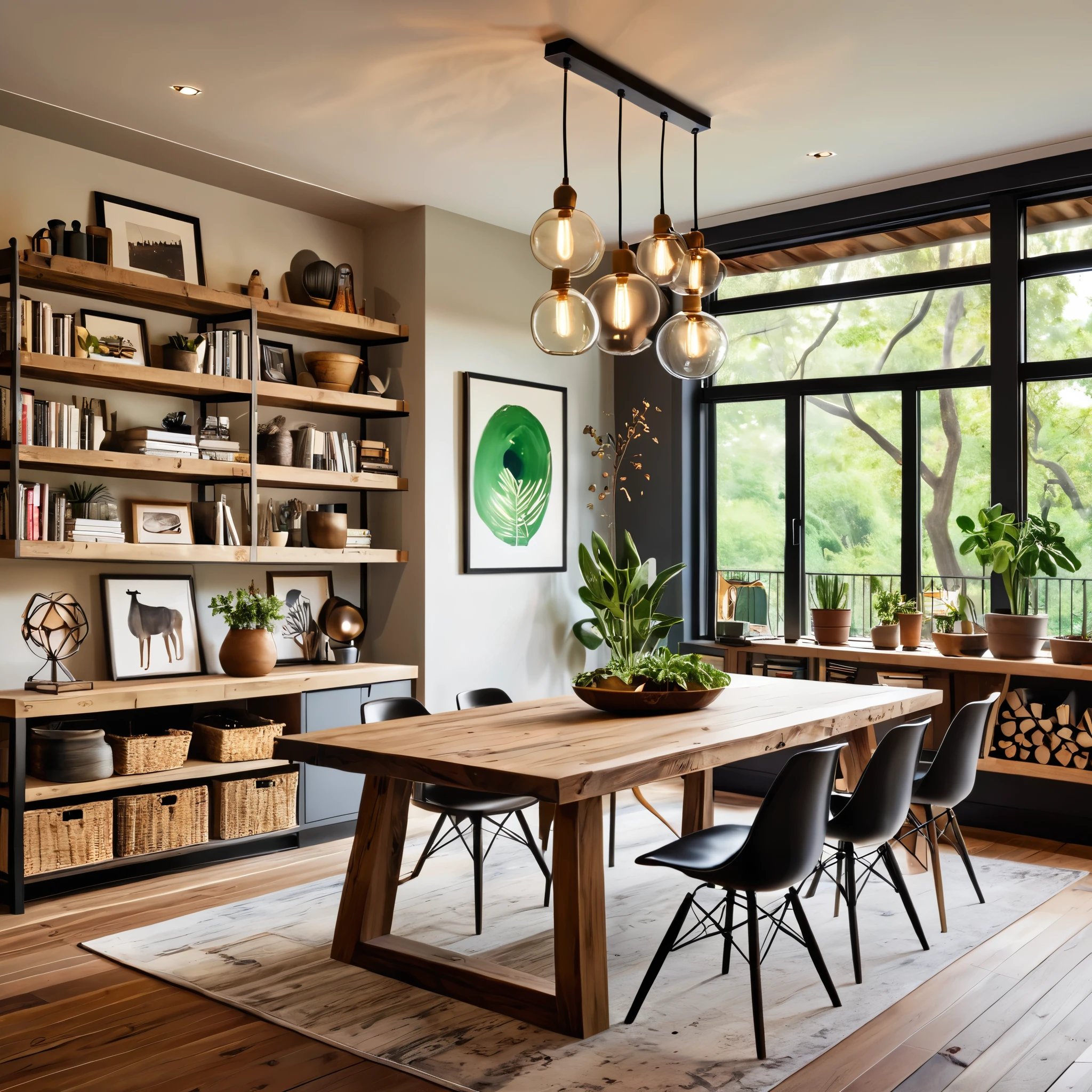 Design a cozy and eclectic dining area with a mix of modern and rustic elements. The room features a wooden dining table with a variety of chairs, including modern and rustic styles. The walls are adorned with various framed artworks and a bookshelf filled with books and decorative items. A unique pendant light hangs above the table, providing warm lighting. Add potted plants on the table and around the room to bring a touch of nature indoors. Ensure the space is well-lit by natural light, creating a welcoming and comfortable atmosphere.