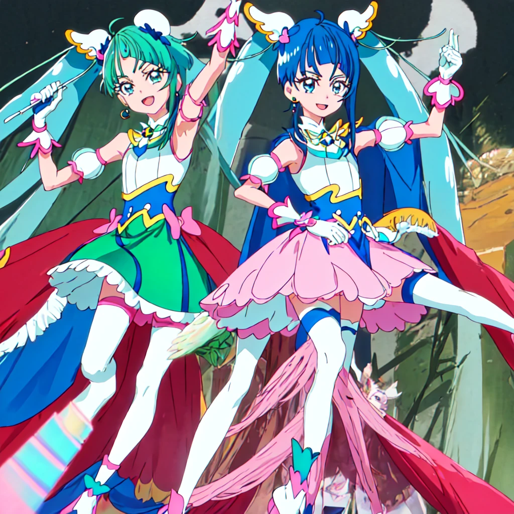 Highest quality, masterpiece, High resolution, 一人in, {cure_null_hirogarunullprecure:1.15}, green_hair, green_eye, length_hair, Twin tails, Magic_girl, 前hair, Open_mouth, pink_hair, Multicolor_hair, 2girls, Closed_mouth, multiple_girls, short_hair, green_shirt, Looking_in_another, shirt, baby, smile, upper_body