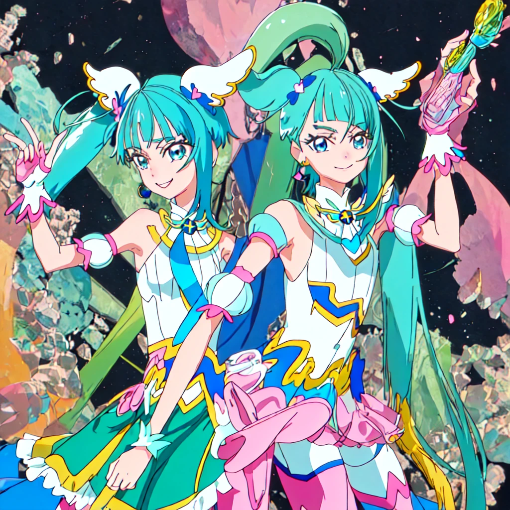 Highest quality, masterpiece, High resolution, 一人in, {cure_null_hirogarunullprecure:1.15}, green_hair, green_eye, length_hair, Twin tails, Magic_girl, 前hair, Open_mouth, pink_hair, Multicolor_hair, 2girls, Closed_mouth, multiple_girls, short_hair, green_shirt, Looking_in_another, shirt, baby, smile, upper_body