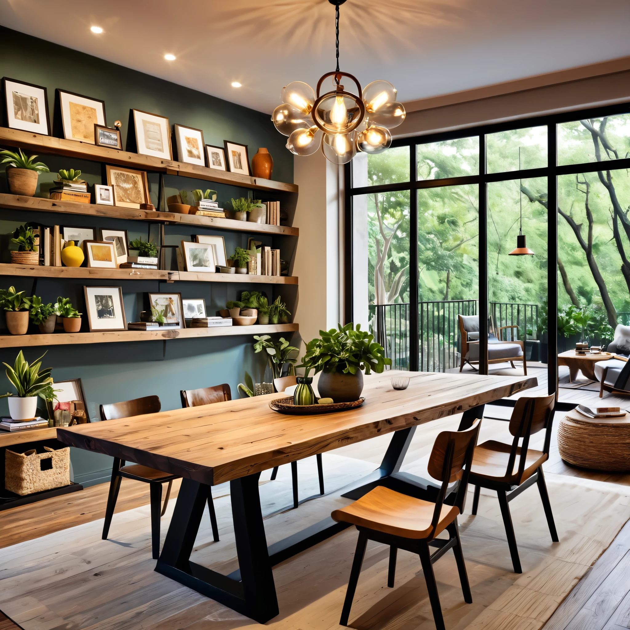 Design a cozy and eclectic dining area with a mix of modern and rustic elements. The room features a wooden dining table with a variety of chairs, including modern and rustic styles. The walls are adorned with various framed artworks and a bookshelf filled with books and decorative items. A unique pendant light hangs above the table, providing warm lighting. Add potted plants on the table and around the room to bring a touch of nature indoors. Ensure the space is well-lit by natural light, creating a welcoming and comfortable atmosphere.