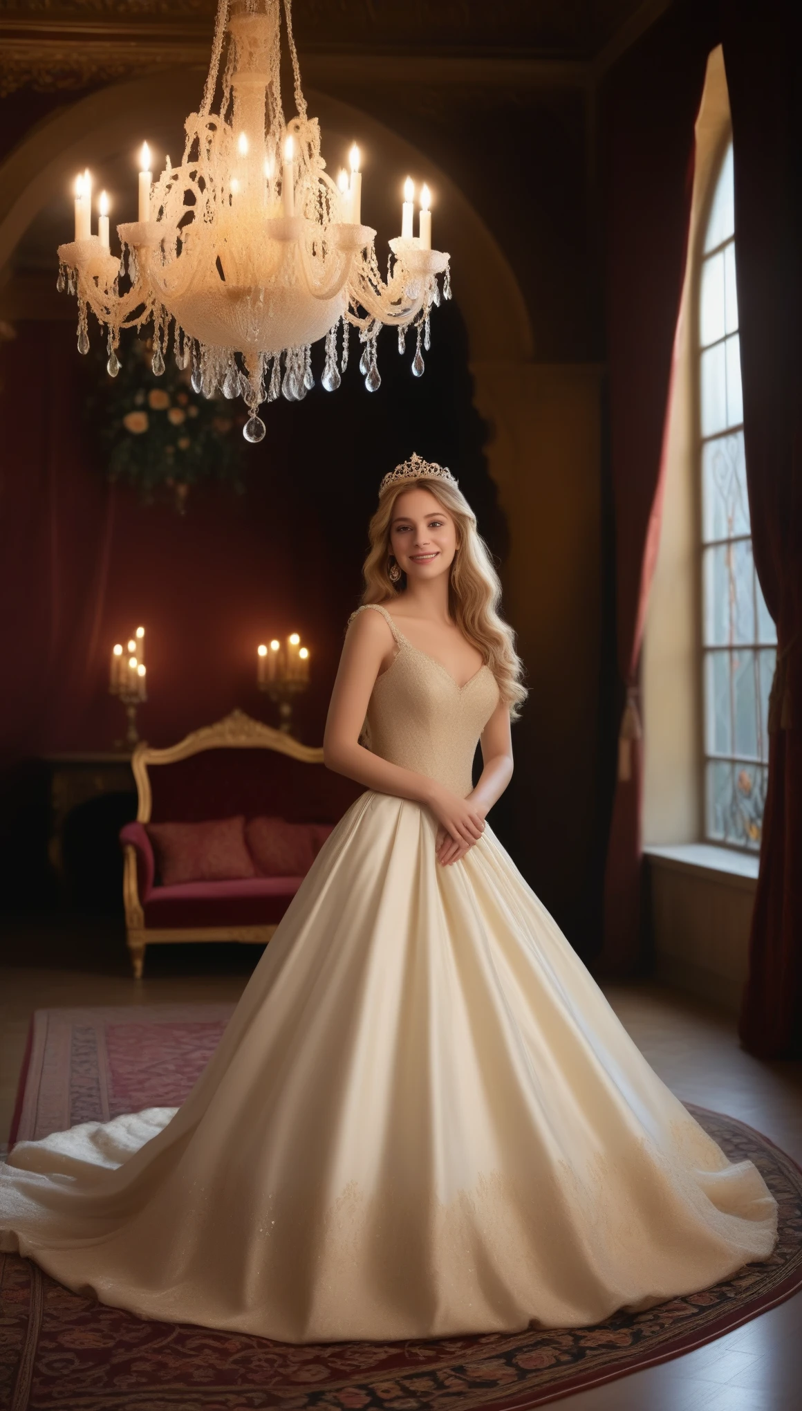 princess, blissful languor, dreamy gaze, beautifully adorned gown, enchanting castle, golden tiara, flowing golden hair, sparkling eyes, starry night sky, soft candlelight, dancing shadows, whispered secrets, romantic atmosphere, gentle breeze, rustling leaves, fragrant roses, intricate tapestries, shimmering moonlight, sparkling stars, mesmerizing enchantment, ethereal beauty, luxurious velvet cushions, delicate lace curtains, silken pillows, majestic chandelier, dimly lit corridors, whispering echoes, antique furniture, splendid ballroom, exquisite ball gown, dancing with grace, inviting smile, enchanted waltz, dashing Prince Charming, heartfelt connection, magical midnight fantasy, pure love, forever after, (best quality, 4k, 8k, highres, masterpiece:1.2), ultra-detailed,(realistic, photorealistic, photo-realistic:1.37), soft pastel colors, warm golden lighting