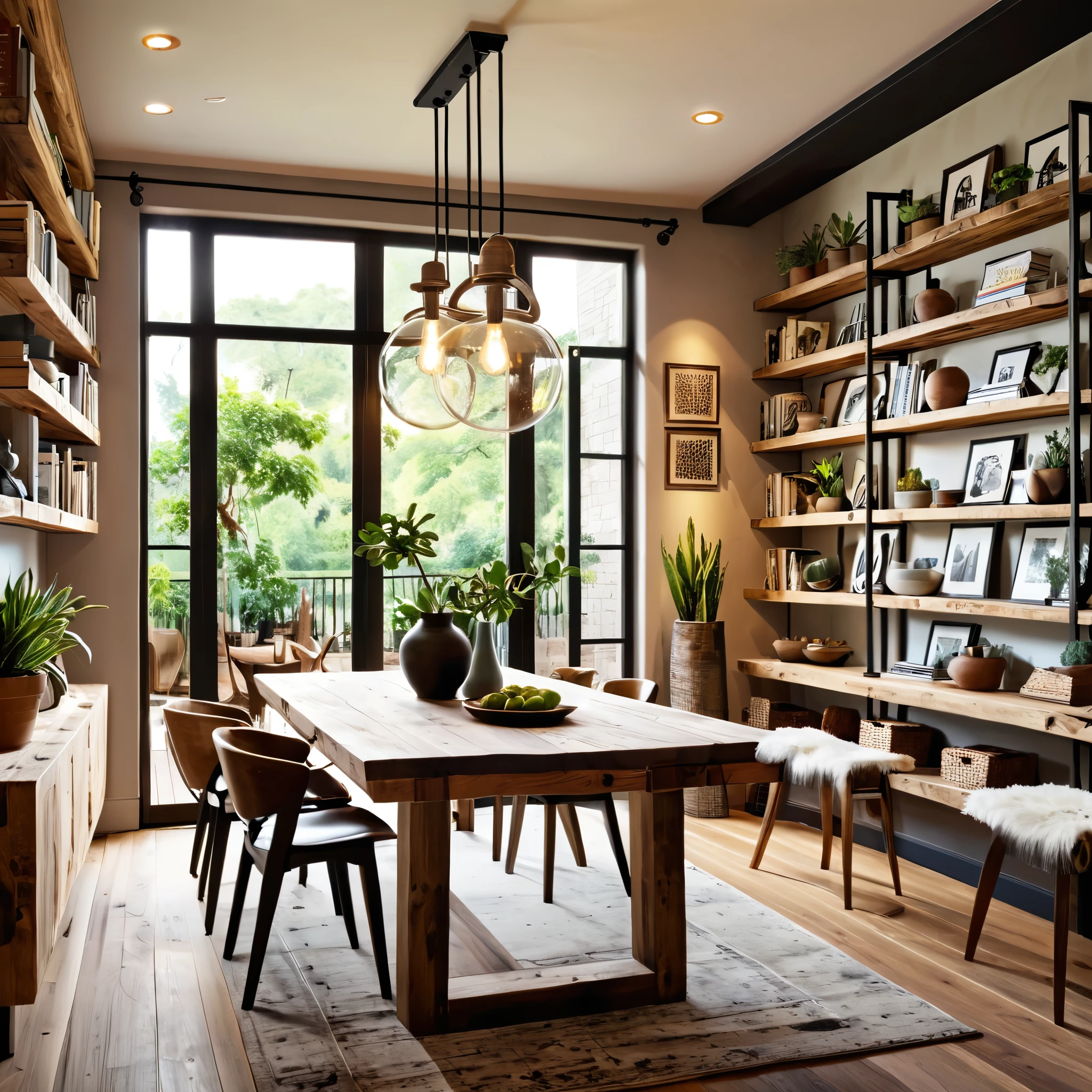 Design a cozy and eclectic dining area with a mix of modern and rustic elements. The room features a wooden dining table with a variety of chairs, including modern and rustic styles. The walls are adorned with various framed artworks and a bookshelf filled with books and decorative items. A unique pendant light hangs above the table, providing warm lighting. Add potted plants on the table and around the room to bring a touch of nature indoors. Ensure the space is well-lit by natural light, creating a welcoming and comfortable atmosphere.