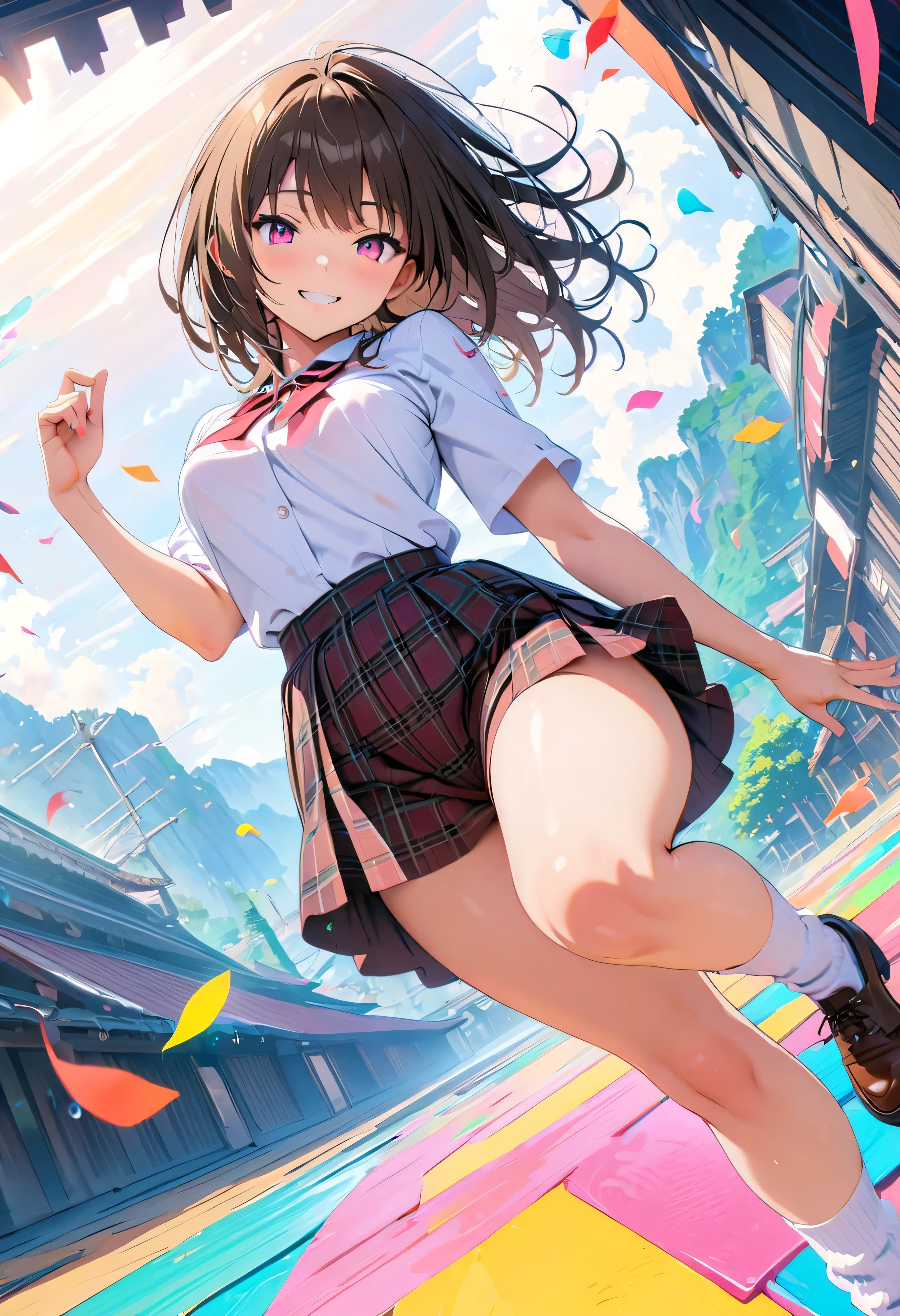 (masterpiece, Highest quality, Official Art:1.2), (colorful), Perfect Anatomy, Looking at the audience, One Girl, alone, White Background, floating colorful water, Ultra-fine illustrations, highly detailed, Dynamic Angle, beautiful detailed, 8K, break smiling amidst the colorful scenes, (Highest quality, masterpiece, High resolution, detailed), Anime Style, (Shining Eyes, detailed美しい顔), break,Dynamic Angle, Whole body shot, pastel colour, Vector illustration