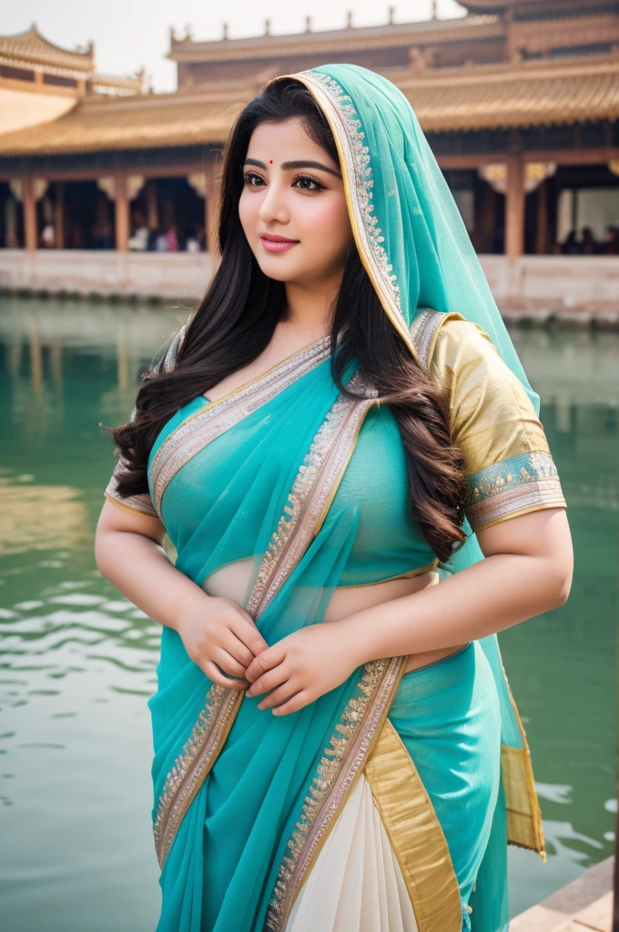 1 Heavenly beautiful and goddess beauty cute and sweet looking face Arabian female in front of Zhouzhuang Water Town- Suzhou, China, Heavenly beautiful Overweight, Heavenly beautiful Extremely fat, Heavenly beautiful and attractive Chubby figure , Heavenly beautiful looking and eye catching luxury style tight fitting Paithani Sarees , reaching out, Heavenly beautiful Arabian woman, 16k, High resolution, masterpiece, highest quality, fine skin, outside view, Realistic Photograph