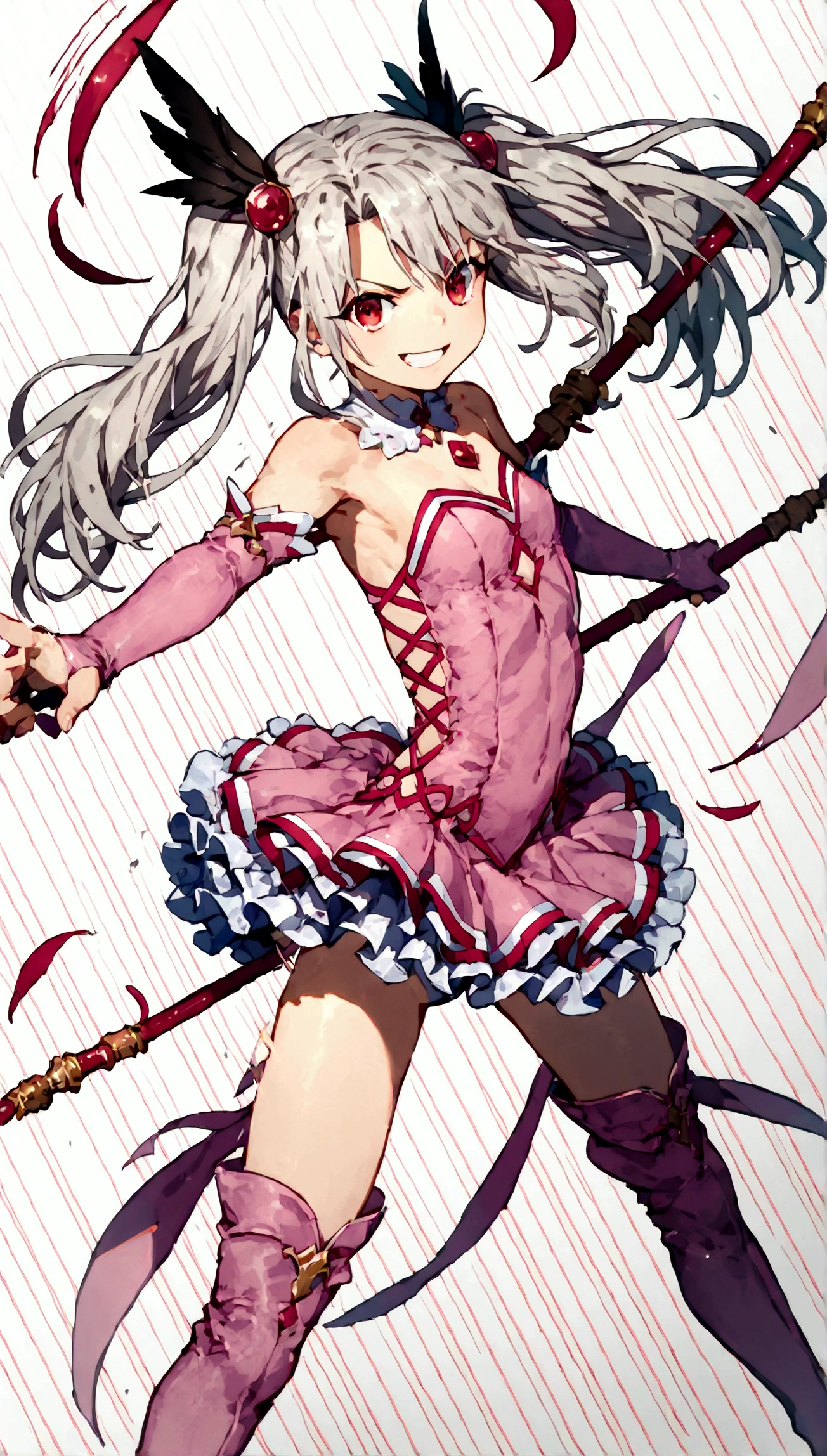(score_9,score_8_up,score_7_up),(cowboy shot),looking at viewer,1girl,loli,illyasviel von einzbern,fate \(series\),white hair,red eyes,long hair,twin tails,hair ornament,feathers,pink dress,elbow gloves,magic girl,pink thigh Boots,standing,simple background,white background,serious grin,standing,holding rubystaff,mansion,((fighting stance)),(((dynamic angle,speed line,motion lines))),