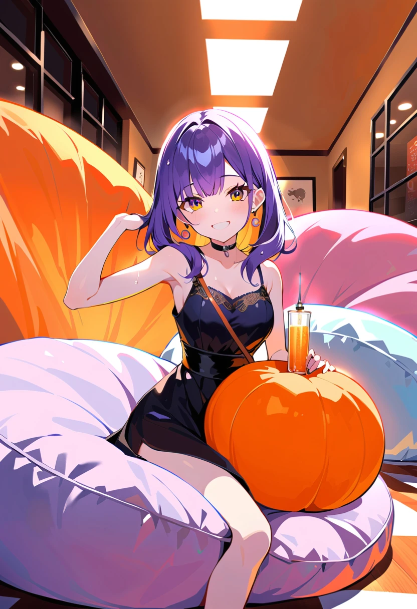 Purple hair girl painting、Glass mandarin orange earrings decorate both ears、Eye color: Ocean pink purple、Space Eyes、Inside the room、(((Giant orange shaped cushion)))、((Hugging on a cushion))、Sit down, long hair、Bun Hair、Cool and complicated, Hand holding sliced orange, A very happy expression with plenty of orange juice、((The syringe contains orange juice))、Very embarrassed、The best smile、Open your mouth wide、Grin、目はclose、((Purple and black dress))、((Syringe Shoulder Bag)), Fun and lively characters, close( Perfect Anatomy )、Beautiful, translucent white skin、A purple dress slightly damp with sweat、Underwear is visible、quality\(8K,非常に精細なCGユニットのwallpaper, masterpiece,High resolution,top-quality,top-quality real texture skin,Super two-dimensional,Increase the resolution,RAW Photos,最高quality,Very detailed,wallpaper,Ray-tracing,Golden Ratio\),[Browsing Caution]、White and orange theme、Everything is orange except for the outfit, hairstyle, and eye color.、barefoot,Love Hotel