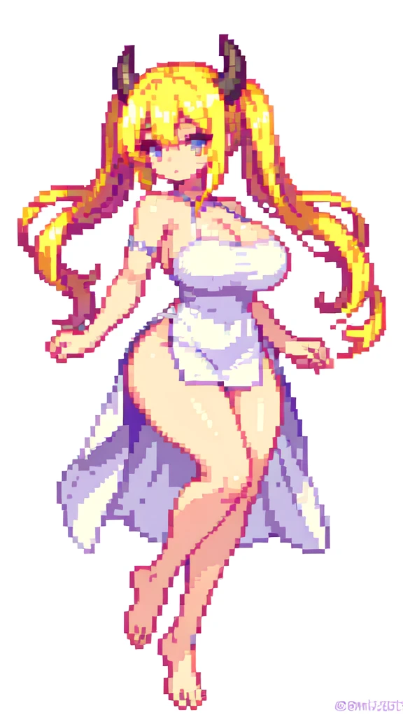 gigantic leg,devil,barefoot,{{lift one leg}},{{very muscular}},{{very gigantic breasts}} ,{{very curvy}} , ,masterpiece , best quality , pixel art , 1 girl ,{full body},  voluptuous ,twintails,blonde hair ,white dress,white background 