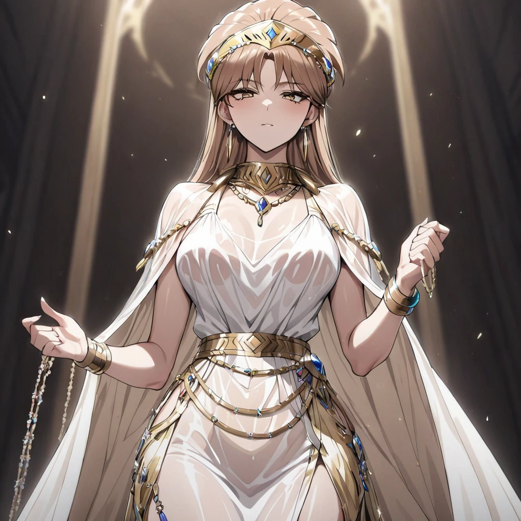 ((Highest quality)), ((masterpiece)), (detailed), （Perfect Face）、The woman is Princess Leona, with medium-long light brown hair. She is wearing a luxurious, shiny, gold-colored, long-slit see-through dress and a see-through cape. Her clothes are adorned with luxurious jewels, including a jeweled head dress chain, waist chain, earrings, necklace, bracelets, and ankle bracelets.、The woman is brainwashed, expressionless, and has no highlights in her eyes.