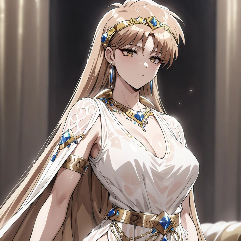 ((Highest quality)), ((masterpiece)), (detailed), (Perfect Face)、The woman is Princess Leona, with medium-long light brown hair. She is wearing a luxurious, shiny, gold-colored, long-slit see-through dress and a see-through cape. Her clothes are adorned with luxurious jewels, including a jeweled head dress chain, waist chain, earrings, necklace, bracelets, and ankle bracelets.、The woman is brainwashed, expressionless, and has no highlights in her eyes.