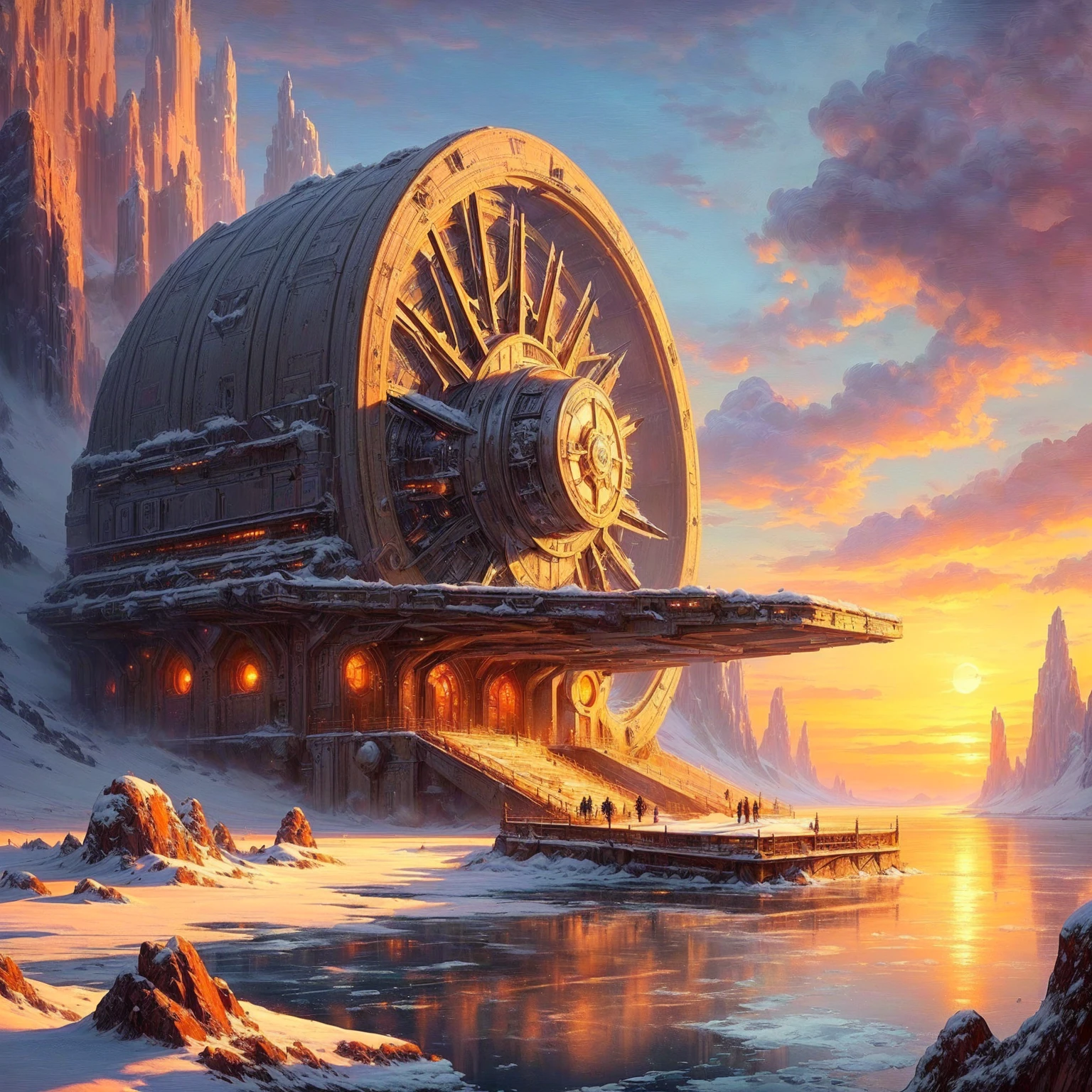 space station on a frozen lake with a sunset in the background, sci-fi fantasy wallpaper, detailed sci-fi art, 4k highly detailed digital art, epic fantasy sci fi illustration, mystical sci-fi concept art, beautiful sci fi art, 4k fantasy art, 4k detailed digital art, symmetrical epic fantasy art, sci-fi fantasy desktop wallpaper