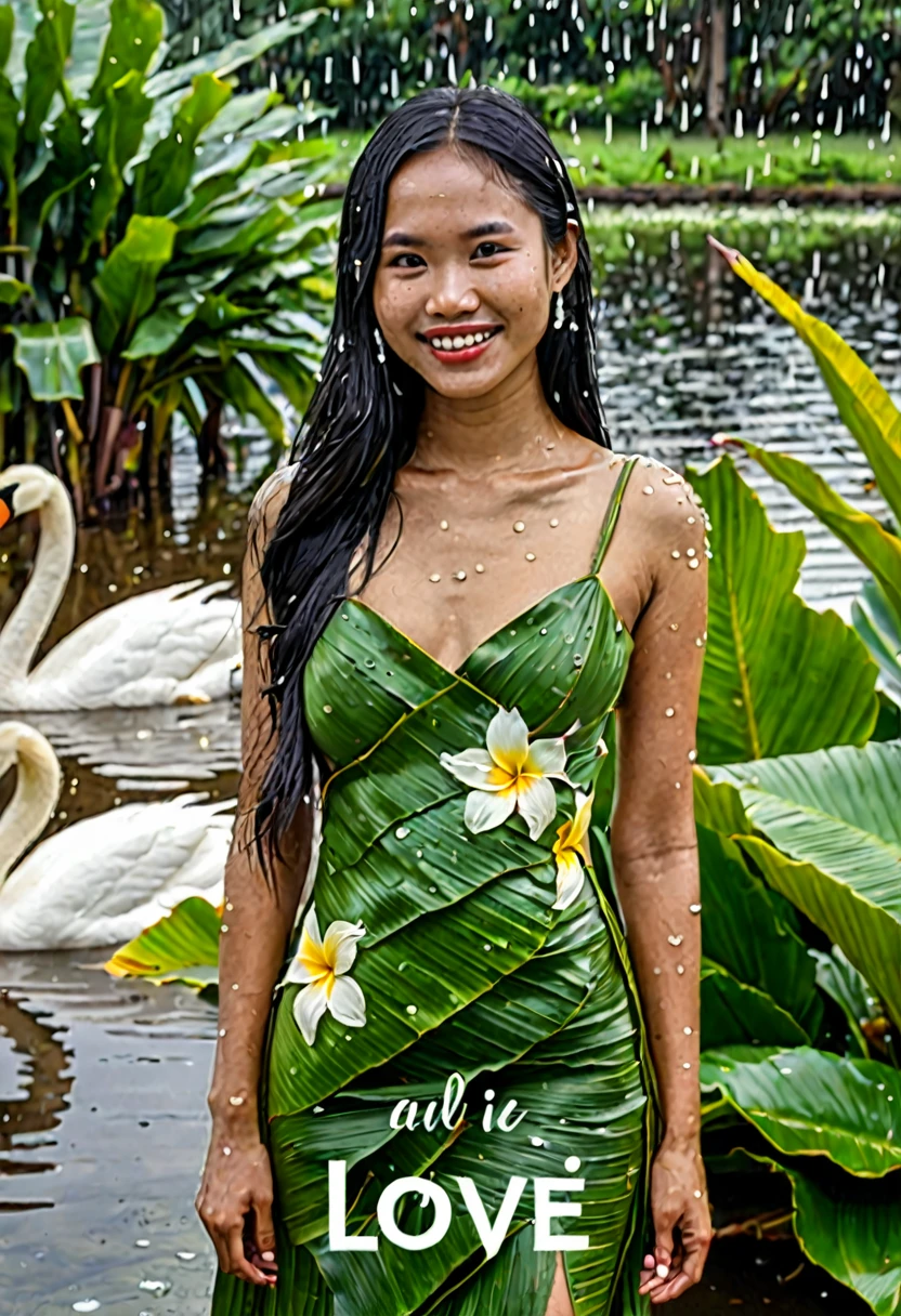 A beautiful 25 year old woman from Indonesia, with long flowing black hair, clean and shining white skin, wearing a banana leaf dress, covered in raindrops with the words 'Love Adi" while smiling affectionately, in the background is a flower garden with a lake, there are several swans inside the lake, hyper realistic, highly detailed, 16 k, wide viewing angle, ultra HD, photography