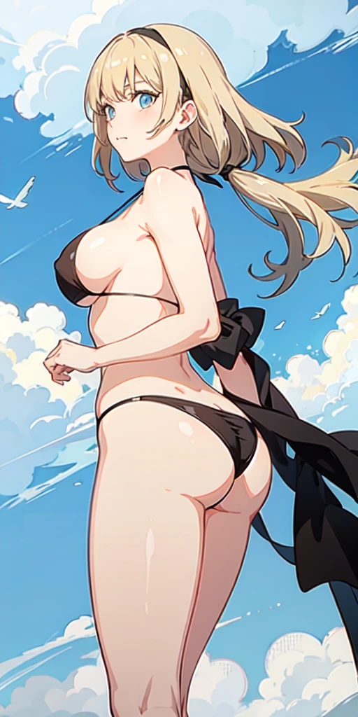 anime girl in black bikini, medium blonde hair, blue eyes, clear skin, black headband in hair, medium breasts, big butt, big thighs.