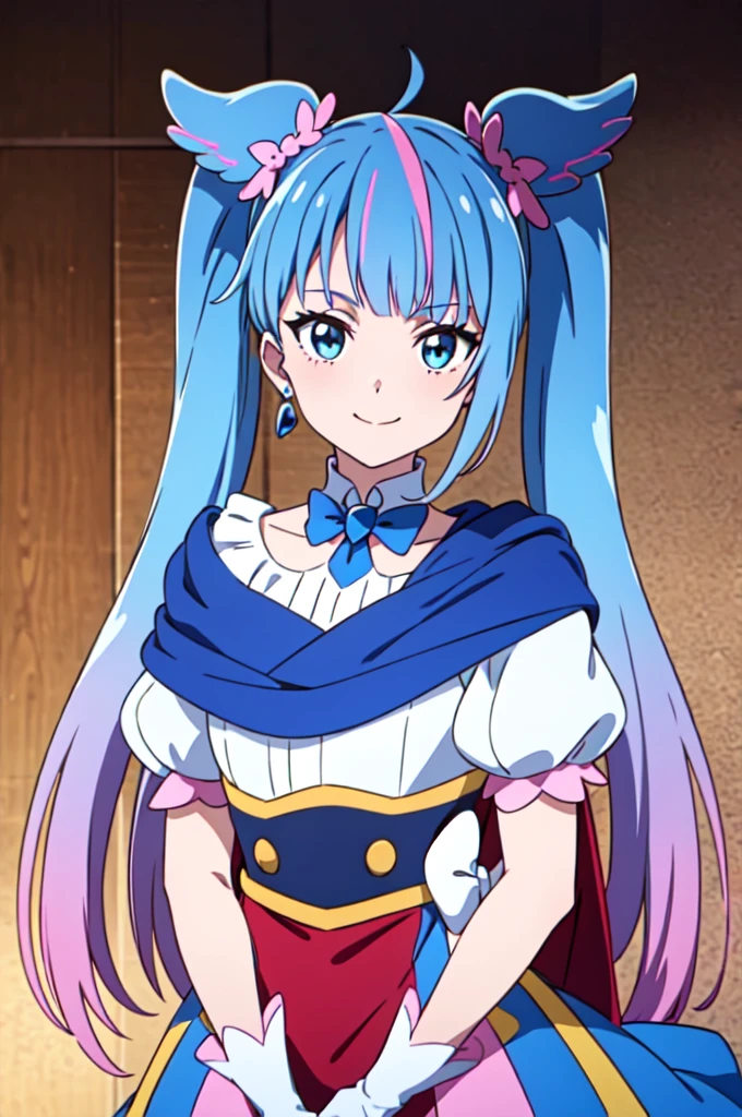 Cure Sky, dress, Twin tails, Gradient Hair, Ahoge, Blunt bangs, Wings on the head, Fingerless gloves, White shirt, Puffy sleeves, Cape, Knee socks, blue legwear, gem, Single earring, One girl, alone, Upper Body, In-person audience, (View your viewers:1.5), in the center, smile,
