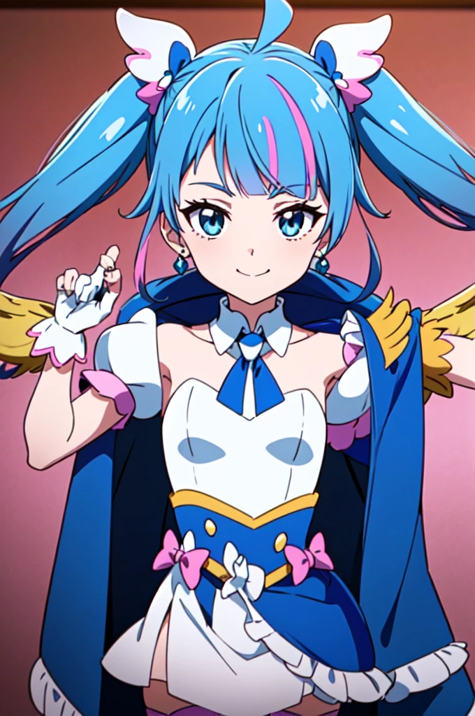 Cure Sky, dress, Twin tails, Gradient Hair, Ahoge, Blunt bangs, Wings on the head, Fingerless gloves, White shirt, Puffy sleeves, Cape, Knee socks, blue legwear, gem, Single earring, One girl, alone, Upper Body, In-person audience, (View your viewers:1.5), in the center, smile,
