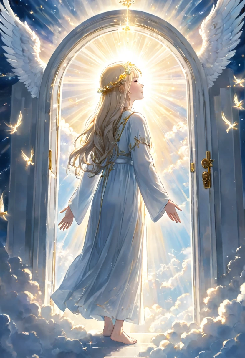 Angels praying in heaven, the sky is surrounded by white light, and the door of memory opens.