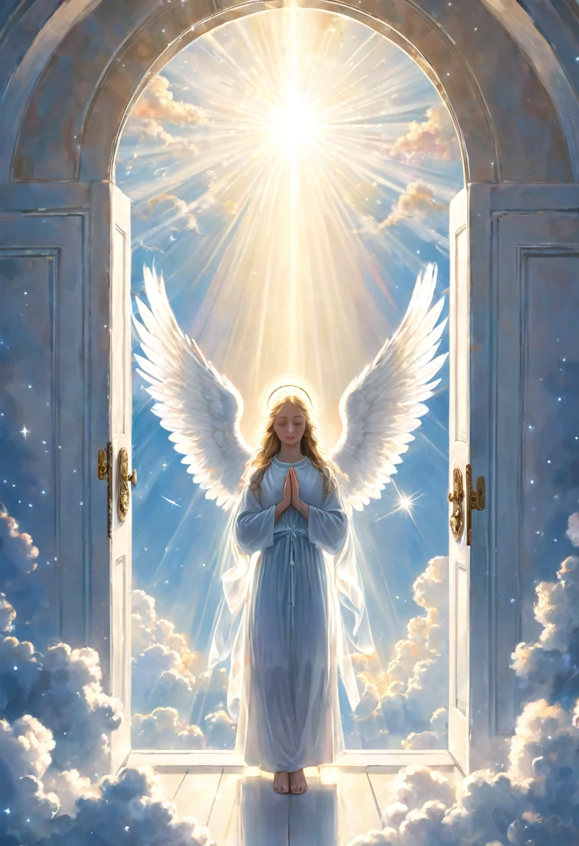 Angels praying in heaven, the sky is surrounded by white light, and the door of memory opens.
