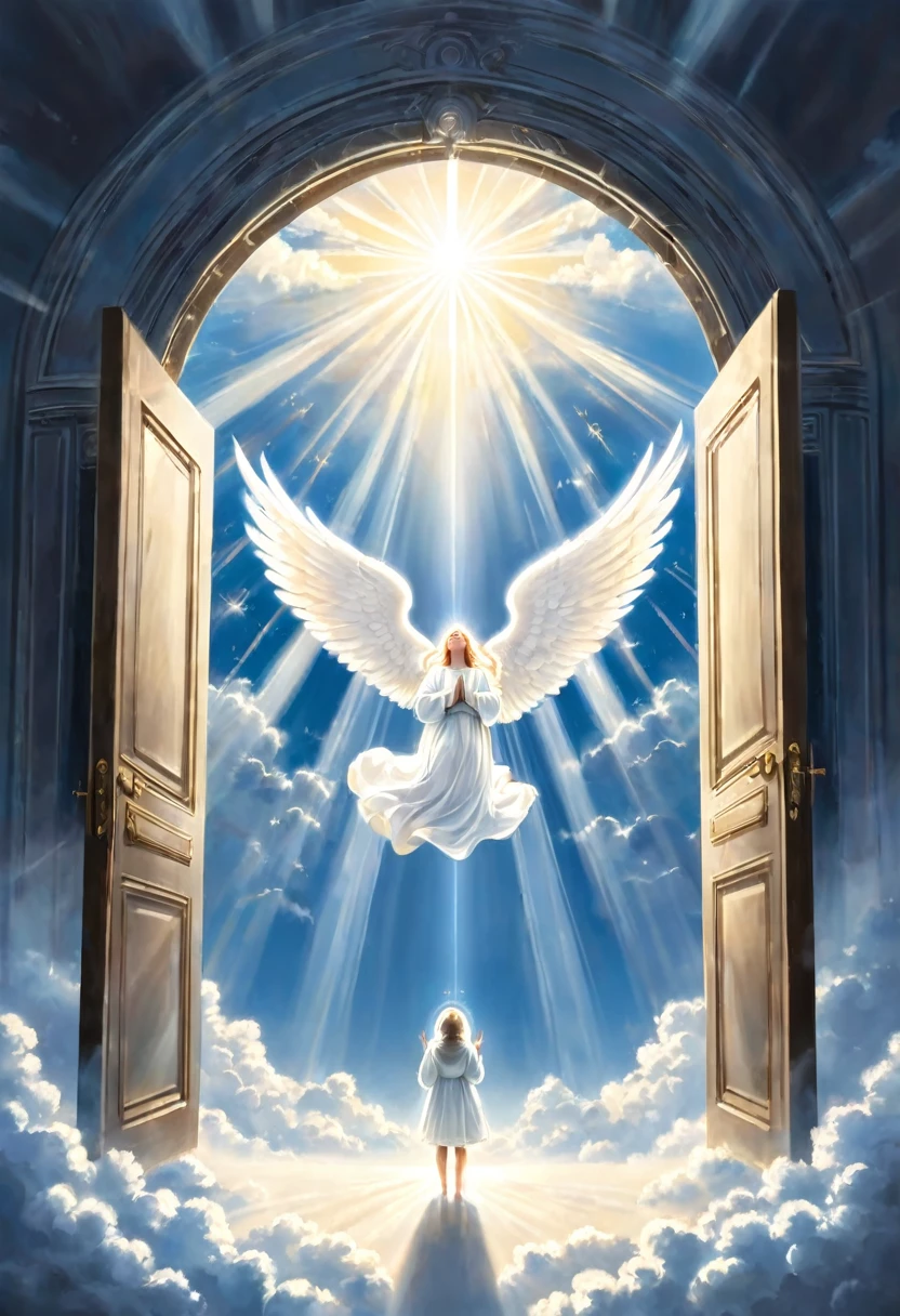 Angels praying in heaven, the sky is surrounded by white light, and the door of memory opens.