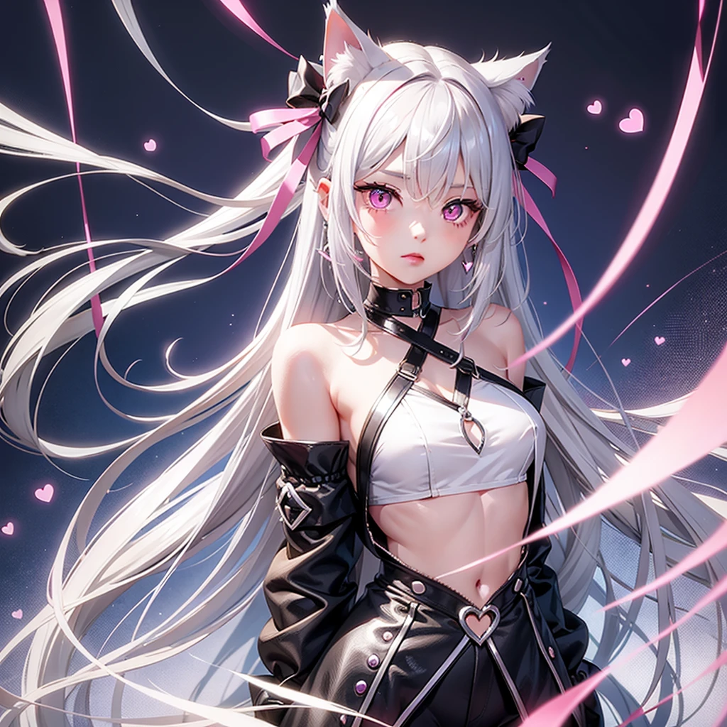 Silver hair, pink eyes, body, cat ears, girl, earrings, heart background fantasy, godly, hair bows