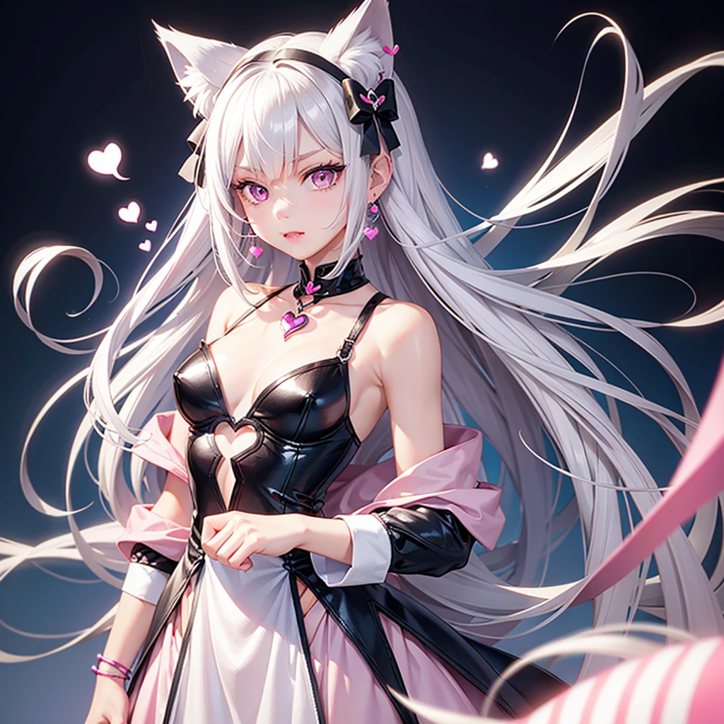 Silver hair, pink eyes, body, cat ears, girl, earrings, heart background fantasy, godly, hair bows