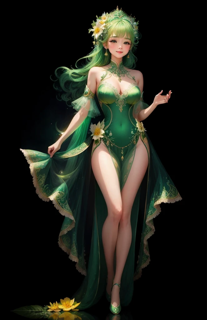 (masterpiece,Highest quality,Highest quality,Beautiful and beautiful:1.2),Realistic,Full body portrait,A beautiful girl the size of a flower, Flower spirits in human form,Standing at the limit,Face Focus,Beautiful fine details,Between the leaves,Ultra-realistic,Charm,Emerald Green Costume,sleeveless long dress,Sparkling,Aura-luminescence,Transparency,Pale green and yellow tones,Bright light,Highest Resolution,ultra precise detailed,Bright colors,Cute expression,Happy Max Emotion,Character Design, Digital Art