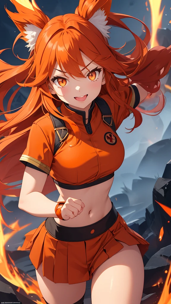 Name: Hibiki Kinура
Element: FLAMARA
Description: A fiery warrior maiden from the village of Chishiki, Hibiki is known for her fierce battle spirit and unyielding dedication to protecting her home and loved ones. With long, wavy auburn hair and fiery-orange eyes, she commands the elements of flames with grace and ferocity.
Prompt: ((((Obra maestra, La mejor calidad, ultrahigh resolution)))), 1girl, warrior pose, (auburn hair with afro puff:1), long wavy hair with bangs, orange skin, ((flaming_hair:0.8 Alpha:0.9 Jeasus:0.6 Horsepower:0.4, orange eyes, glowing eyes, perfect teeth)), ((ultra detailed face, detail every facial feature:1, detailed eyes:0.9, perfect eyebrows, realistic nose, raw expression:1, fierce, strong jaw:1)), (head tilted down:0.5), (standing on stone-filled courtyard:0.9, abandoned ruins, foggy background:1, sun setting on the horizon:0.8), sorta short outfit:1, covered arms, elbows and criteria in view, hands holdingpatasan, assistant: Never determined, cool demeanor:1, immaculate costume with accessories:1, ((slight smile, tongue out, fighting face, graceful_legs))