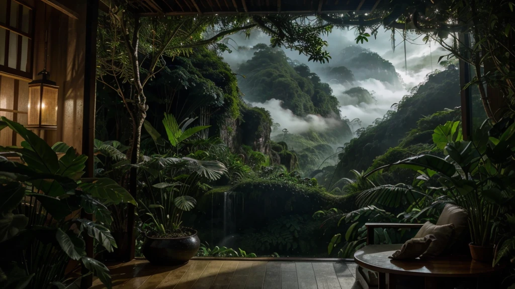 Outside the tidy bed of the side view screen, the scenery outside the door is full of screens, and at the front, the cozy bed appears up close on the side. modern Japanese bedroom with a view of a mountain and a forest, mountainous jungle setting, jungle setting, Like a scene from Blade Runner, magical atmosphere, ultrarealistic matte painting, in a jungle environment, beautiful ambience, cloud forest, beautiful jungle, moody environment, lush jungle, Inside an alien jungle, plants and jungle, rainforest mountains, relaxing environment, photography, realistic, dark night, night, cloudy night, waterfall from a distance,