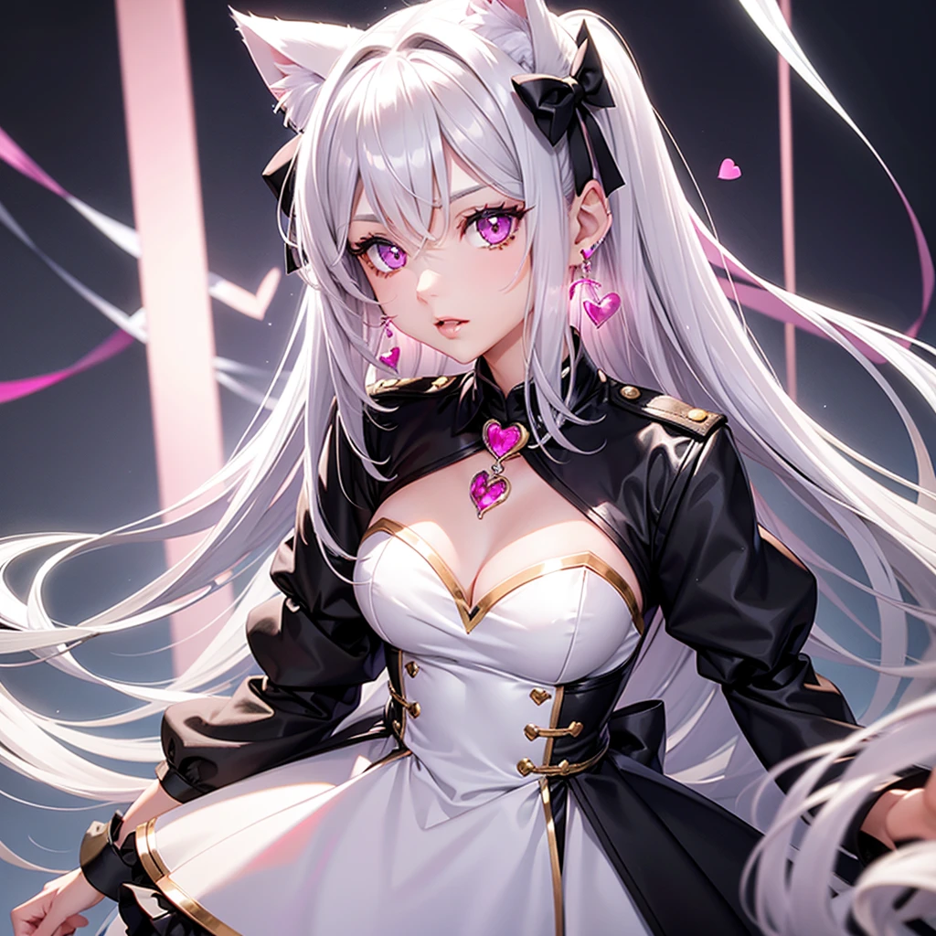 Silver hair, pink eyes, body, cat ears, girl, earrings, heart background fantasy, dress uniform, hair bows
