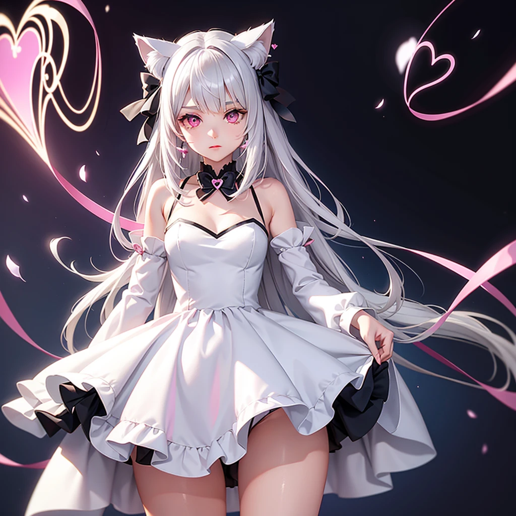 Silver hair, pink eyes, body, cat ears, girl, earrings, heart background fantasy, dress uniform, hair bows