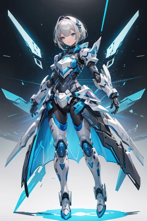 Female Android Girl masterpiece Gray Hair short Blue armor high school girl Mechanical Combatant whole body smile