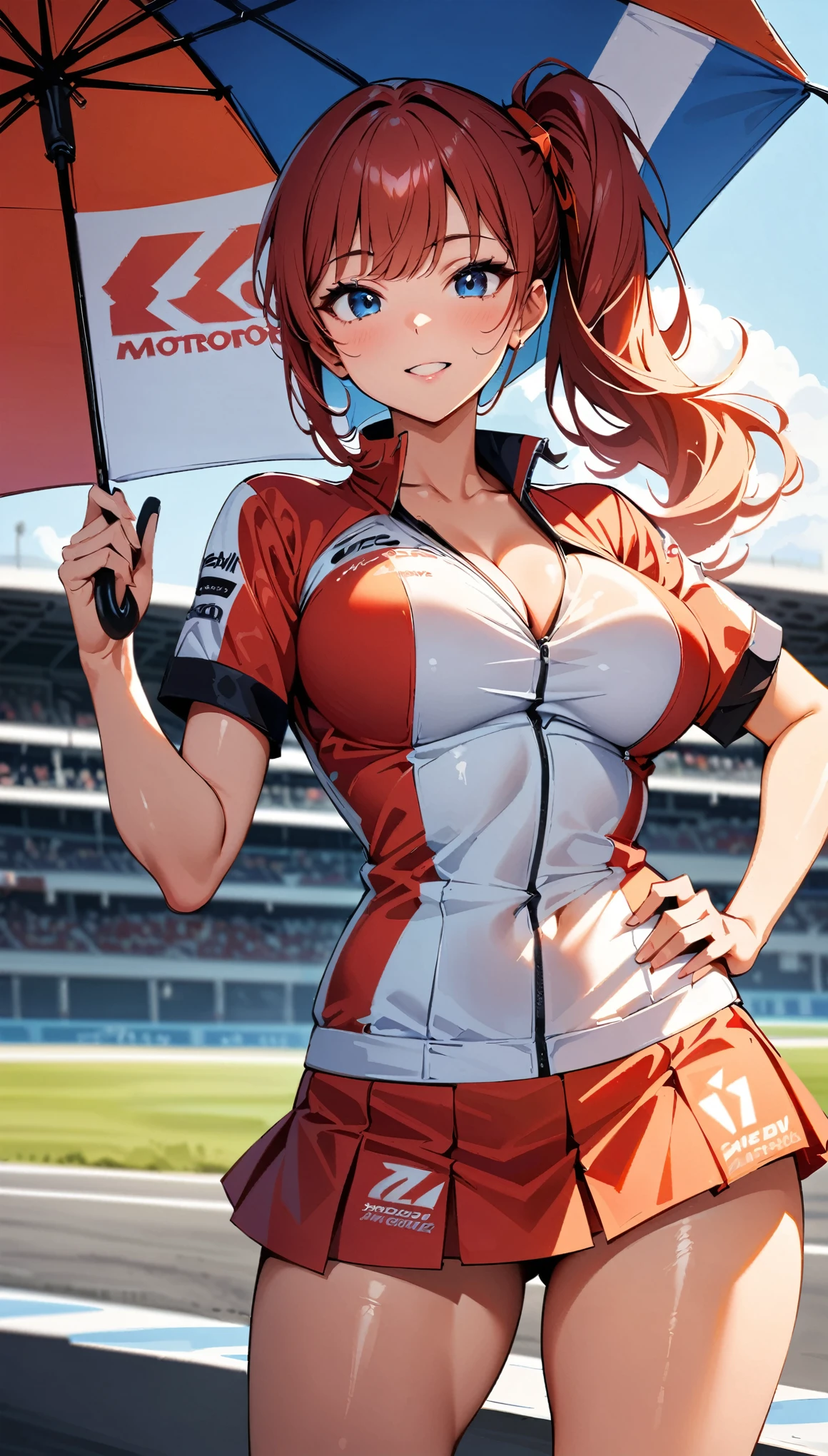 (Highest quality:1.2, Very detailedな, Latest, Vibrant, digital coloring, High Contrast, masterpiece:1.2, Highest quality, Best aesthetics), 1 female, Redhead, Side Ponytail、Racing Suits, Fuller lips, attractive, Sexy Woman, mini skirt, Race Queen, Parasol, Slender body, Very detailed, (Shiny skin:1.4), thin, Dynamic light and shadow, High resolution, Sharp focus、(Beautiful thighs), Grid Girls, Sponsored Costumes, logo printed, (Motorsport Racing), Hand holding umbrella、((Parasol))、Blur the background