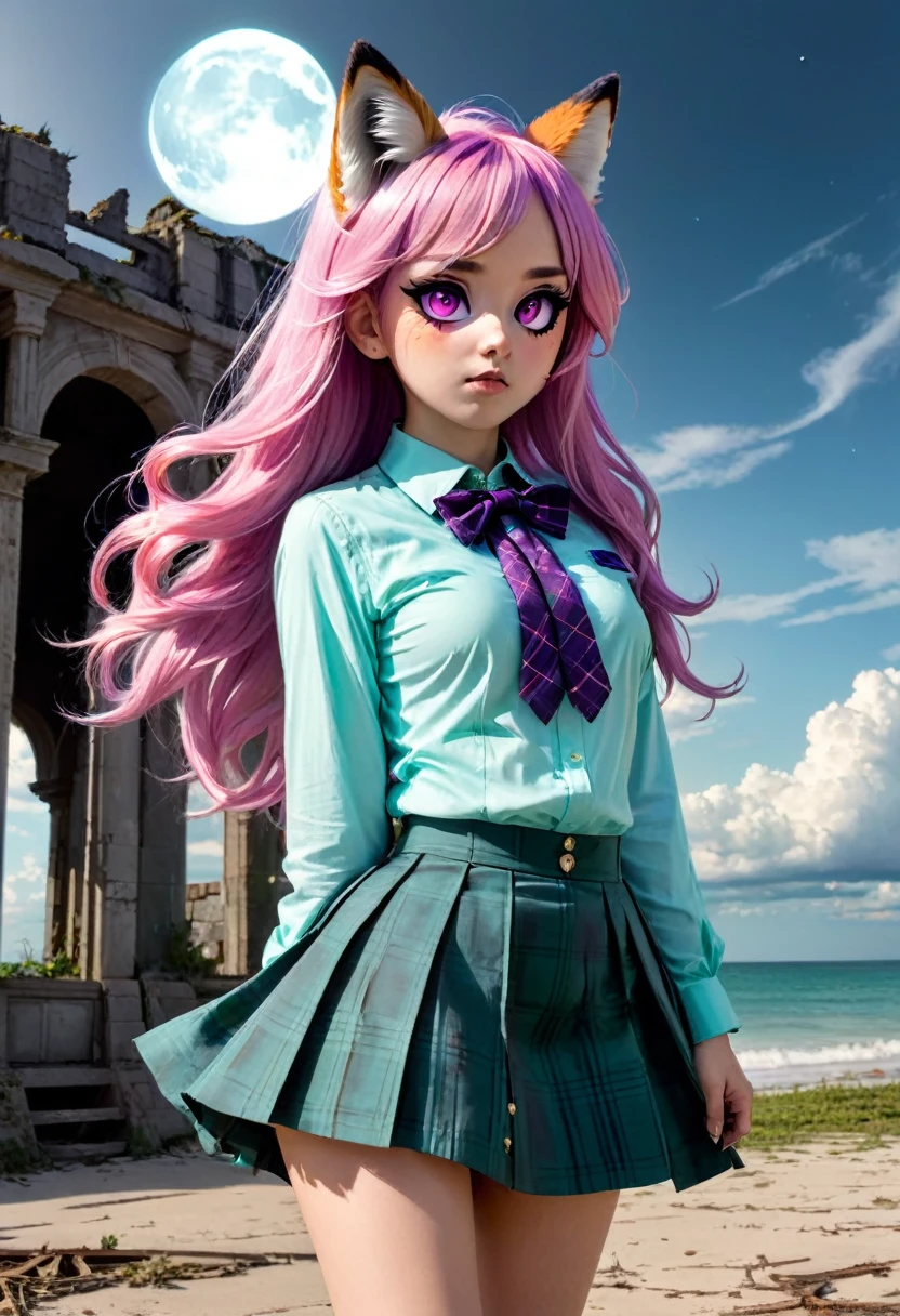 (1girl, koko), (guitar solo), bubble skirt, aqua shirt, bow, bowtie, buttons, collared shirt, expressionless, eyebrows hidden by hair, fox mask, cowboy shot, long hair, long sleeves, mask, multicolored buttons, pink eyes, pink hair, orange skirt, plaid, plaid shirt, purple bow, purple bowtie, shirt, skirt, solo, very long hair, sea, ocean, beach, cloudy, sunrays, dusk, moon, cloud, sky, outdoors, cloudy sky, leaf, ruins, sunbeam, post-apocalypse, side view