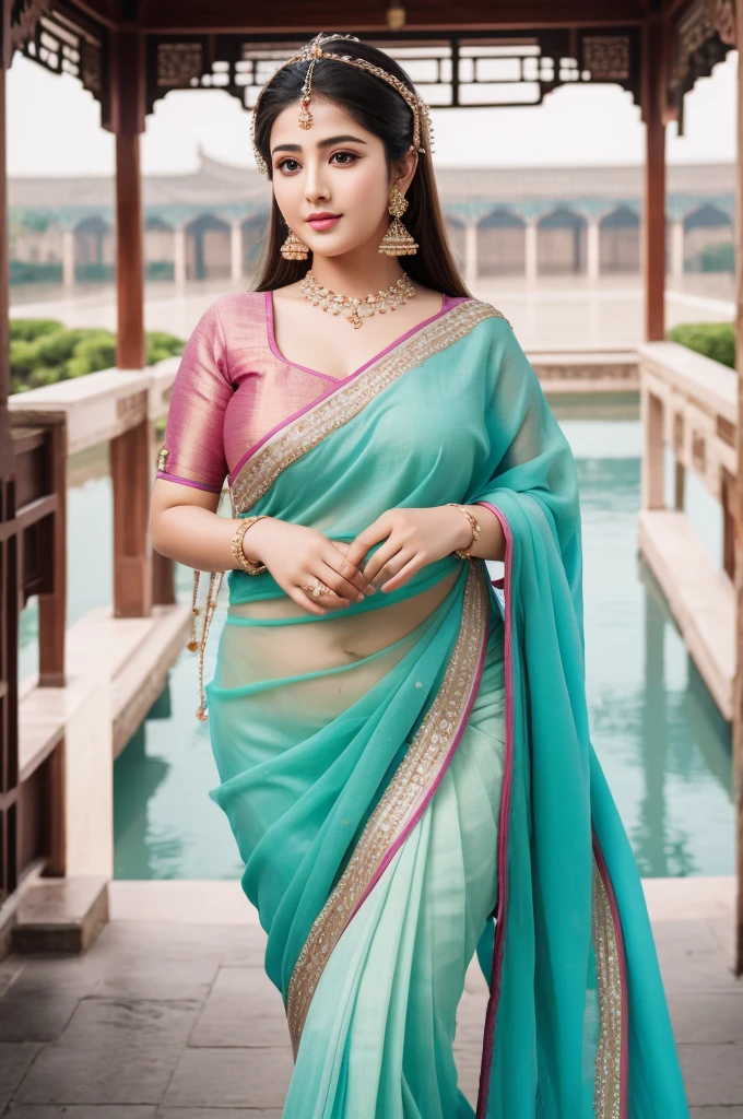 1 Heavenly beautiful and goddess beauty cute and sweet looking face Arabian female in front of Zhouzhuang Water Town- Suzhou, China, Heavenly beautiful Overweight, Heavenly beautiful Extremely fat, Heavenly beautiful and attractive Chubby figure , Heavenly beautiful looking and eye catching luxury style tight fitting Paithani Sarees , reaching out, Heavenly beautiful Arabian woman, 16k, High resolution, masterpiece, highest quality, fine skin, outside view, Realistic Photograph,  size 45 and waist size 32, close up face view