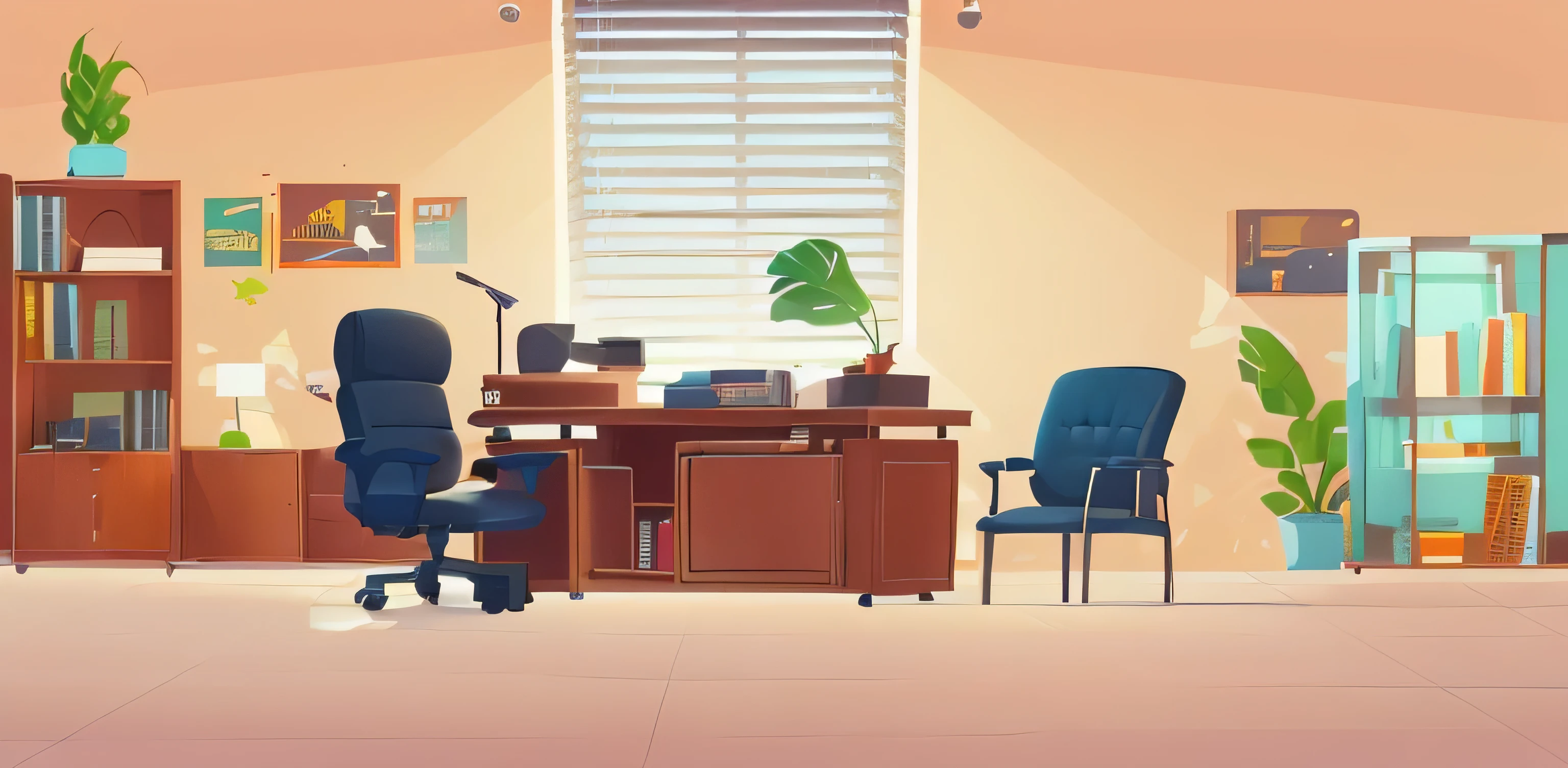 cartoon office with a desk, chair, bookshelf and a bookcase, office background, corner office background, background 1970s office, background artwork, personal room background, interior background art, office room interior, background art, set inside of office, flat illustration, office furniture, office cubicle background, stylized digital illustration, random background scene