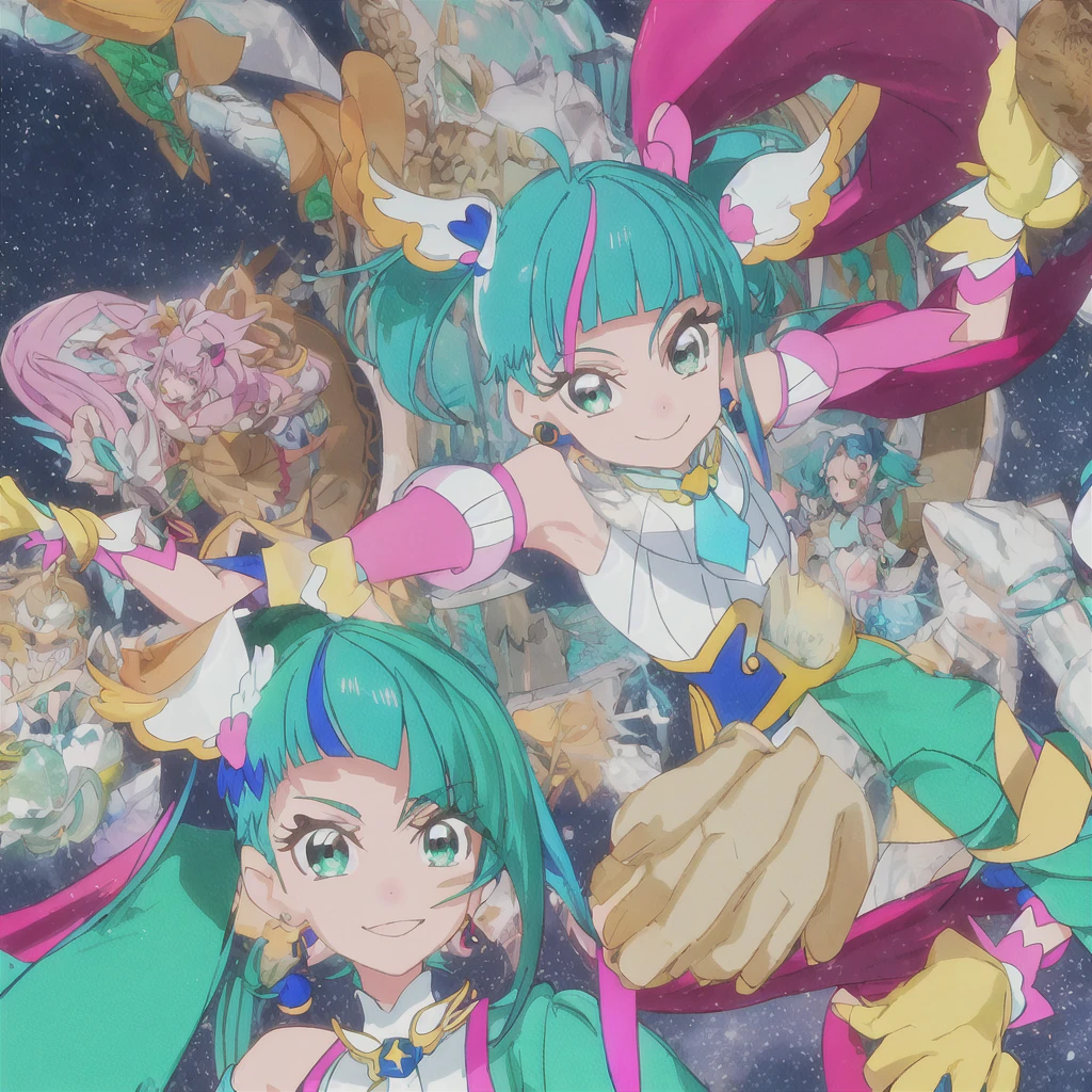 Highest quality, masterpiece, High resolution, 一人in, {cure_null_hirogarunullprecure:1.15}, green_hair, green_eye, length_hair, Twin tails, Magic_girl, 前hair, Open_mouth, pink_hair, Multicolor_hair, 2girls, Closed_mouth, multiple_girls, short_hair, green_shirt, Looking_in_another, shirt, baby, smile, upper_body